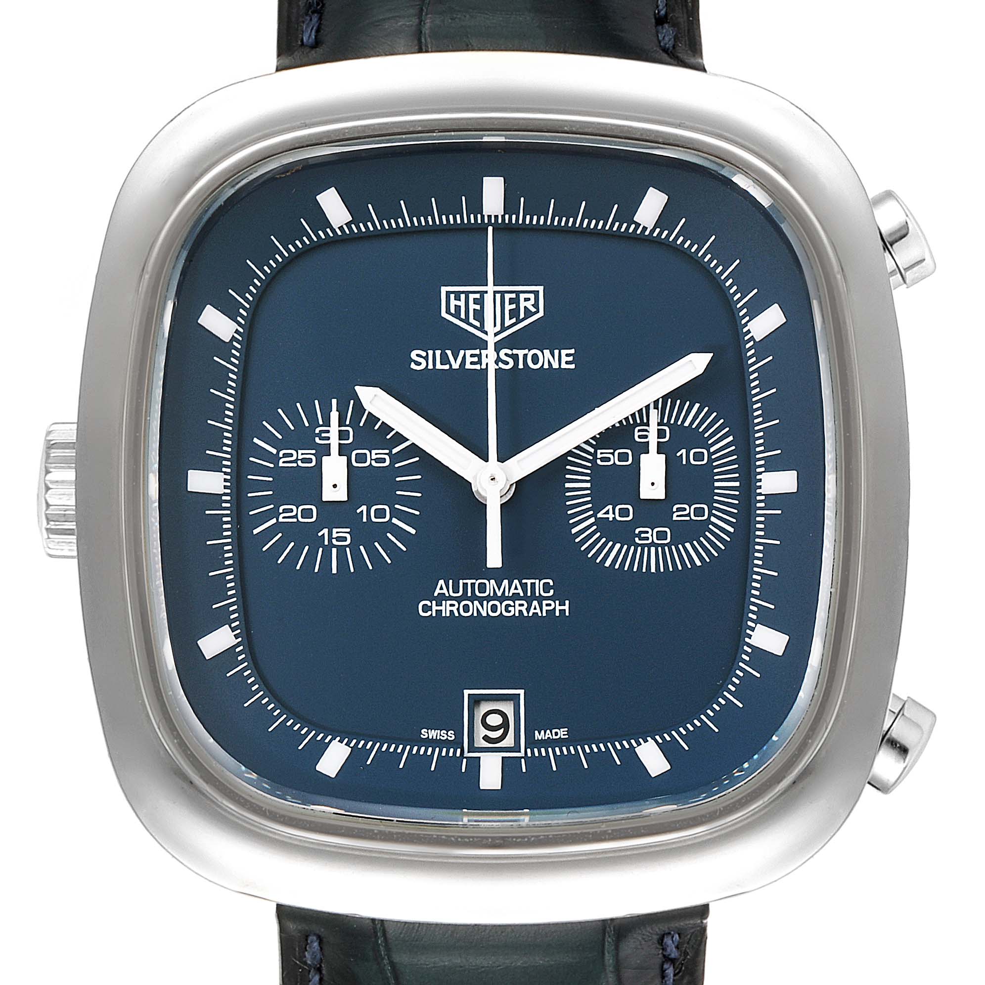 The image shows a front view of the Tag Heuer Limited Edition CAM2110.FC6258 Men's Stainless Steel Blue Dial CAM2110.FC6258 Men's Stainless Steel Blue Dial Silverstone Automatic Chronograph watch, highlighting its dial and bezel.