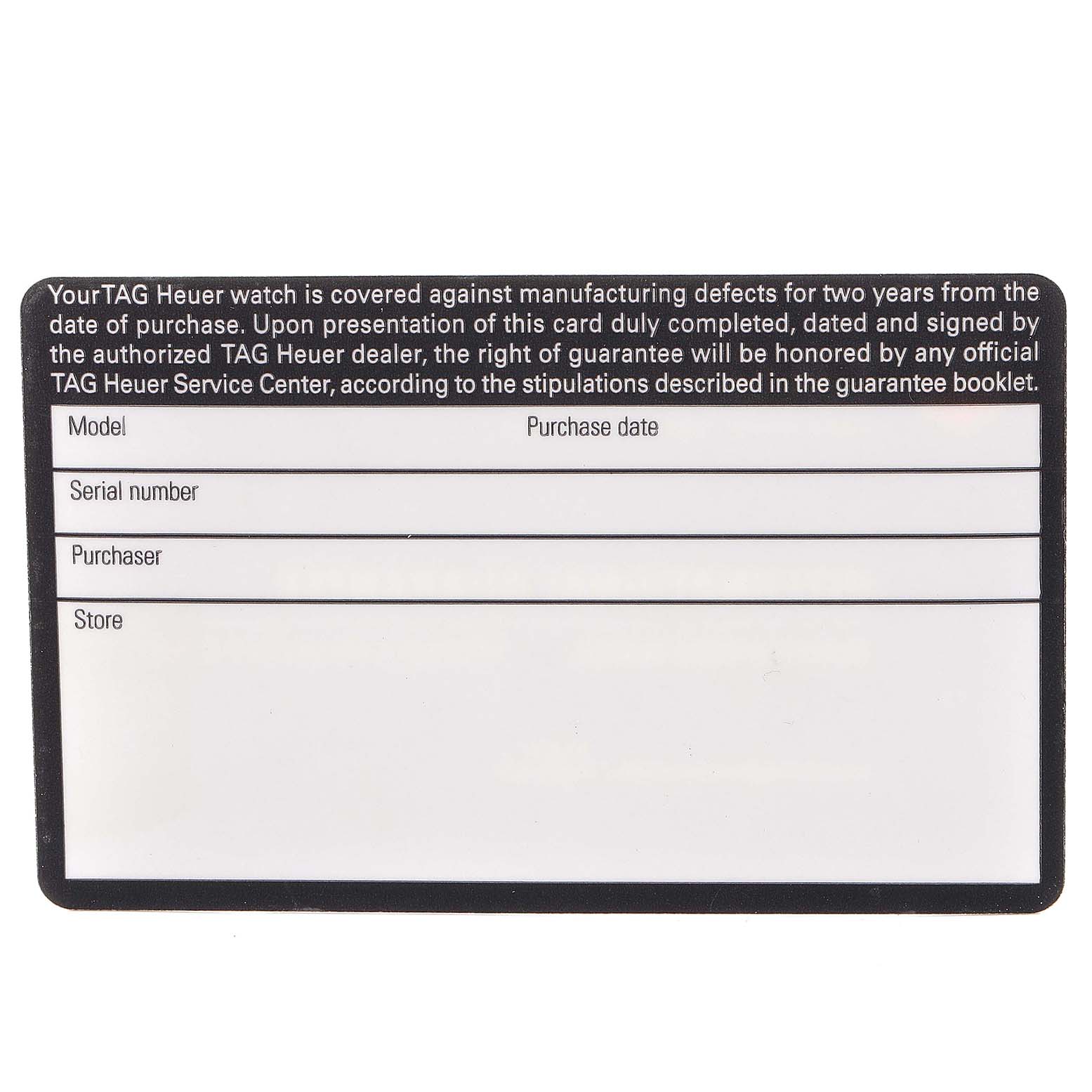 The image shows a guarantee card for the Limited Edition TAG Heuer watch model, displaying sections for model, serial number, purchaser, store, and purchase date information.