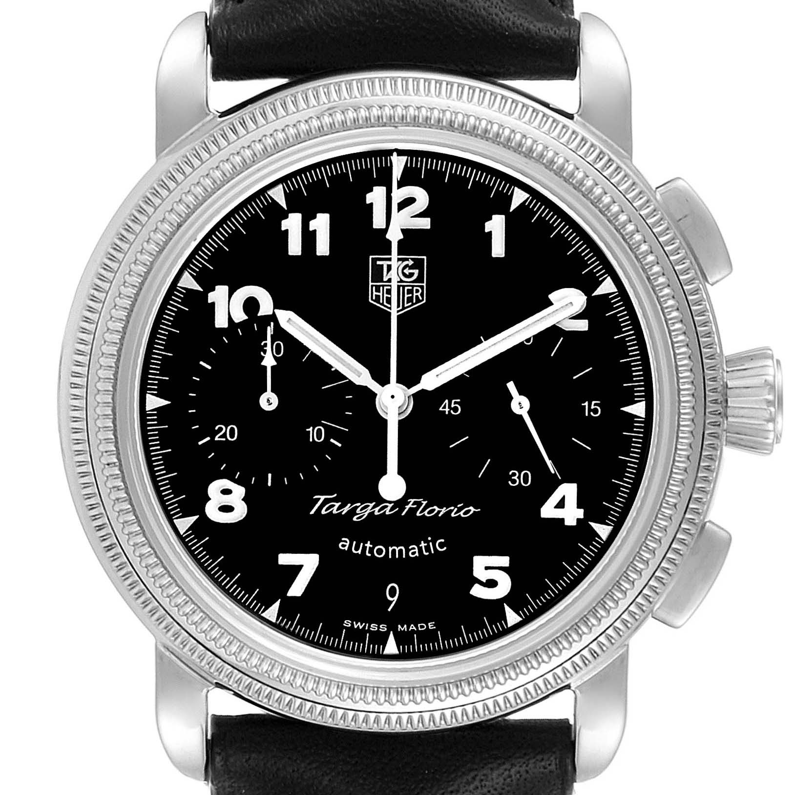 This image shows a frontal view of a Tag Heuer Targa Florio Limited Edition watch with a black dial and white numerals.