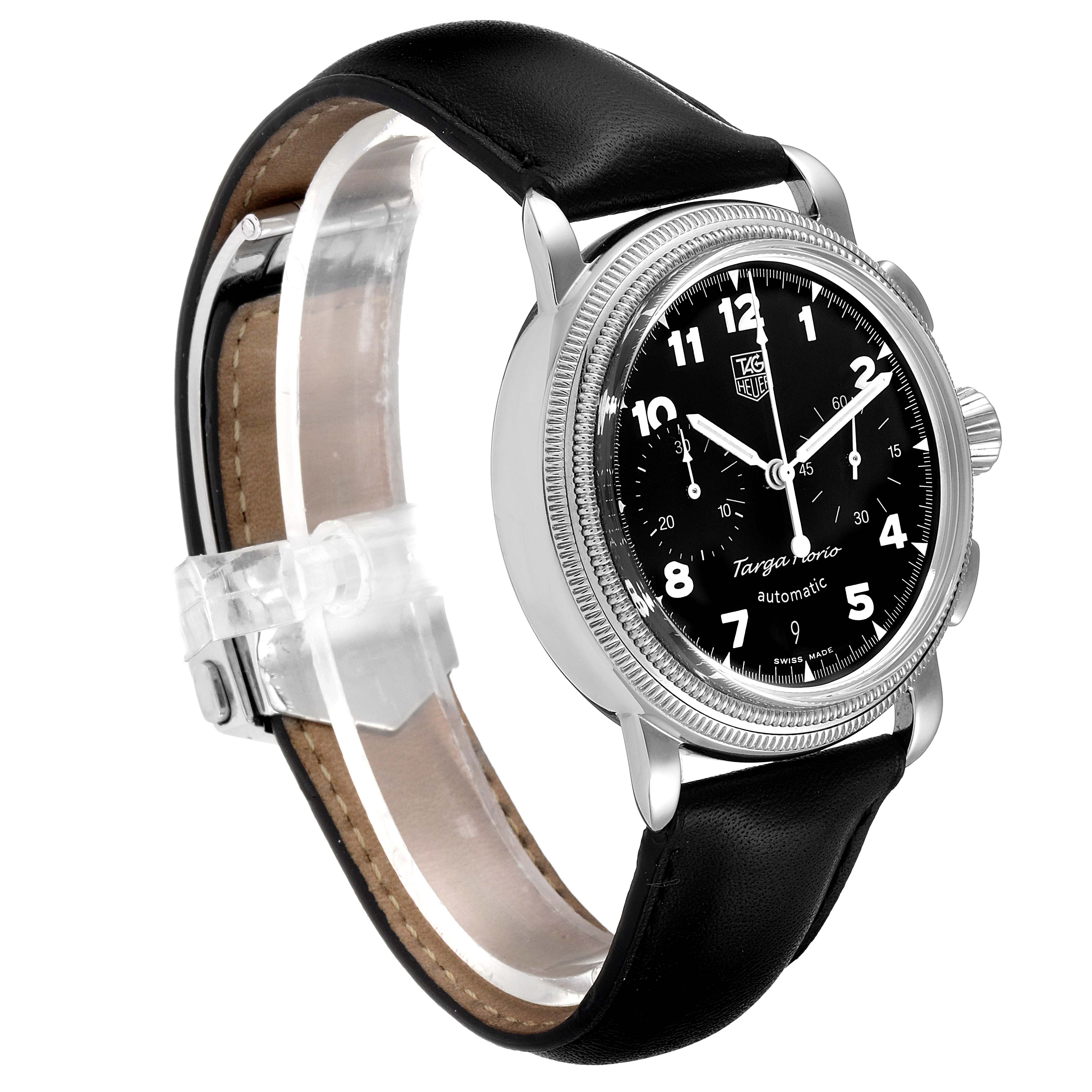 The image shows a Tag Heuer Limited Edition CX2112.FC6171 Men's Stainless Steel Black Dial CX2112.FC6171 Men's Stainless Steel Black Dial watch with a black leather strap and a black dial, viewed from a three-quarter angle.