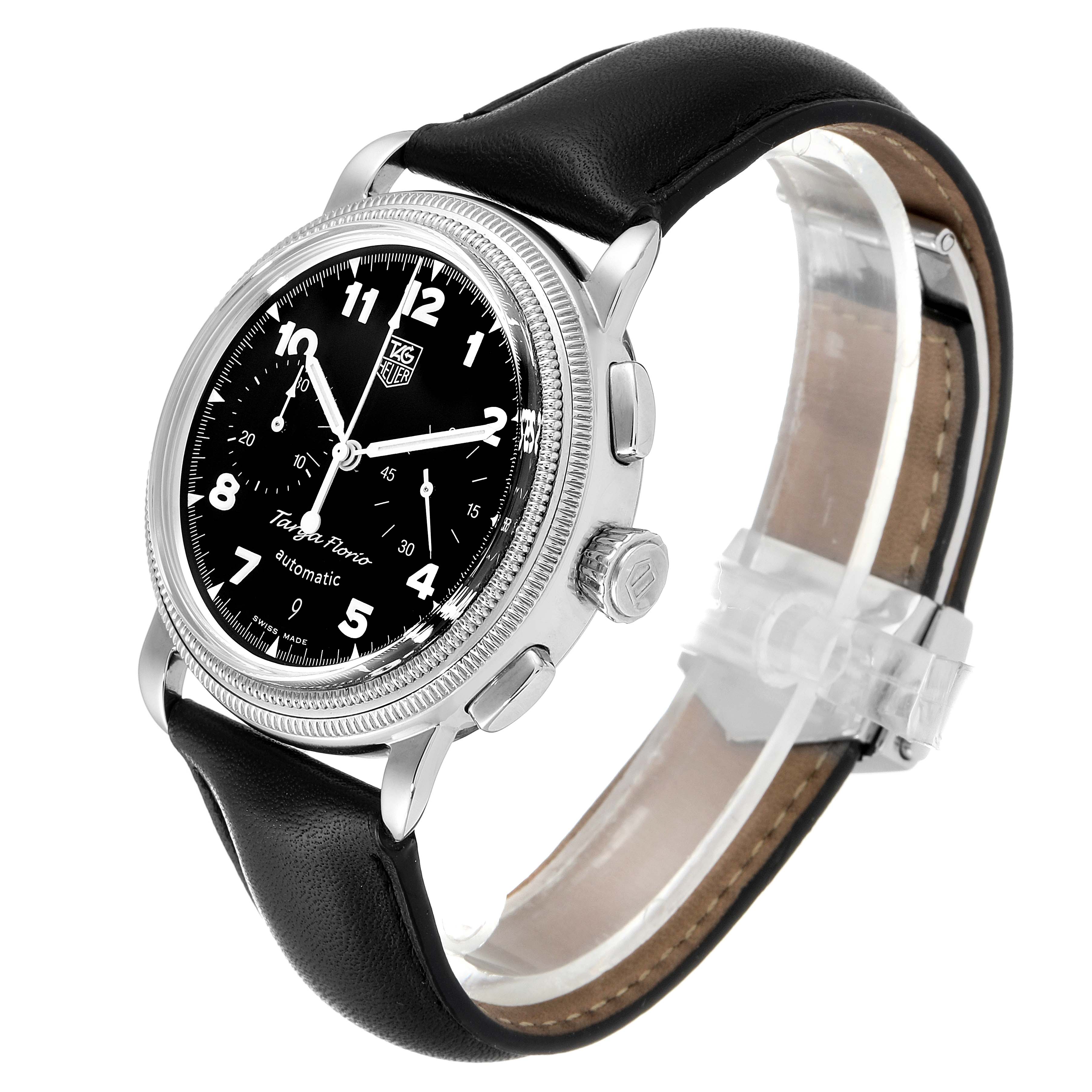 The Tag Heuer Limited Edition CX2112.FC6171 Men's Stainless Steel Black Dial CX2112.FC6171 Men's Stainless Steel Black Dial watch is shown at a three-quarters angle, highlighting its face, crown, case, and leather strap.