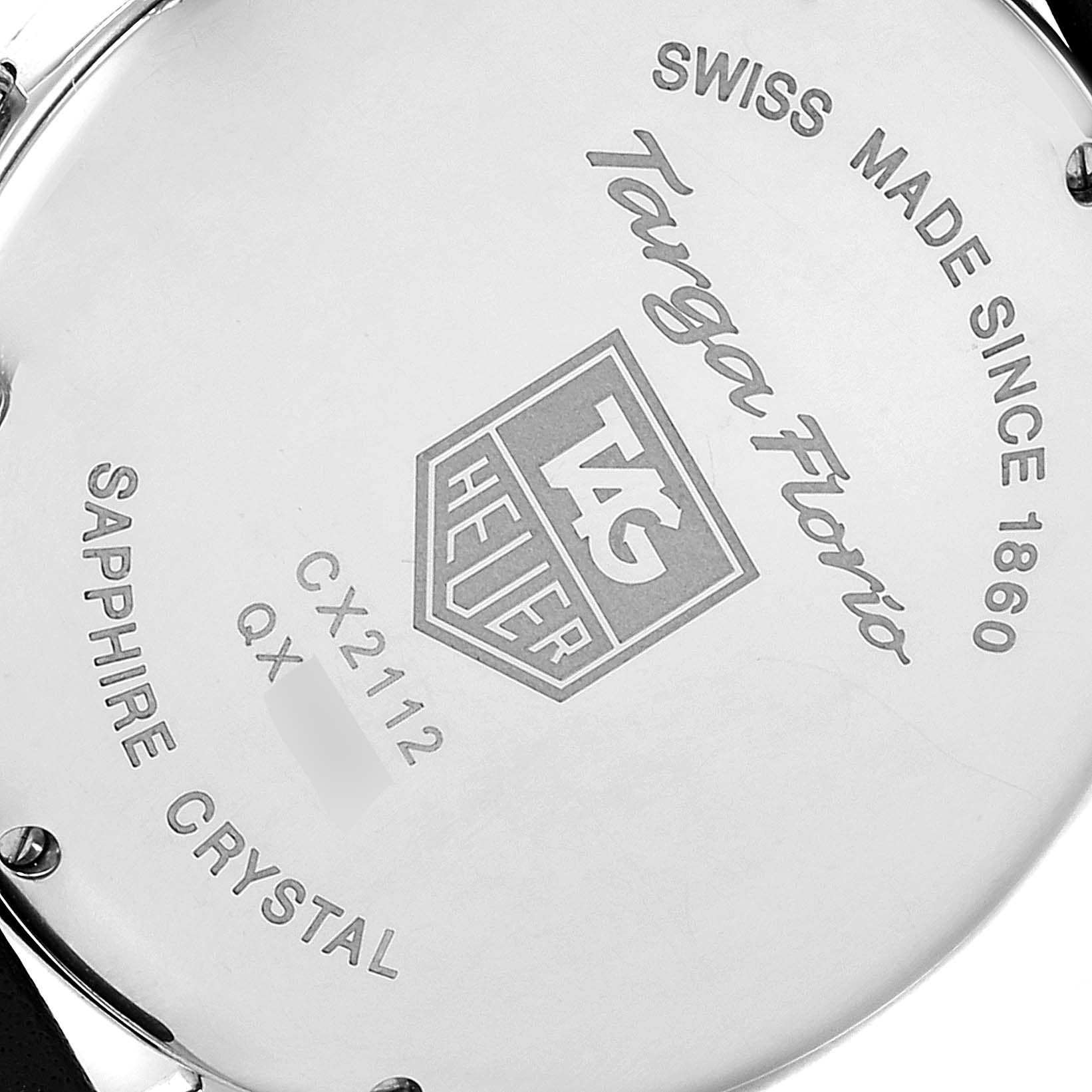 The image shows the back of a Tag Heuer Targa Florio Limited Edition watch, detailing the brand and model information.