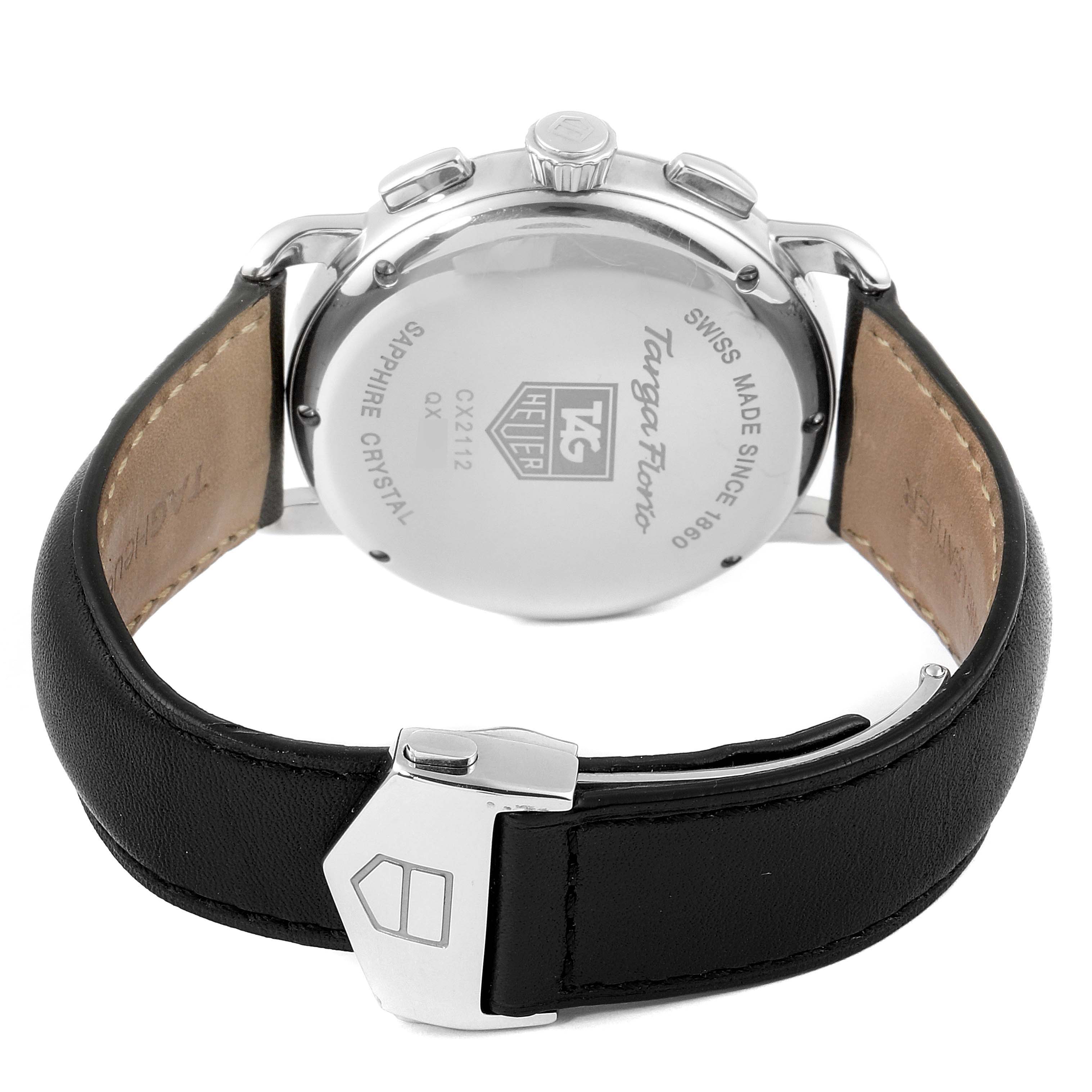 The image shows the back case and leather strap of the Tag Heuer Targa Florio Limited Edition watch from a rear angle.