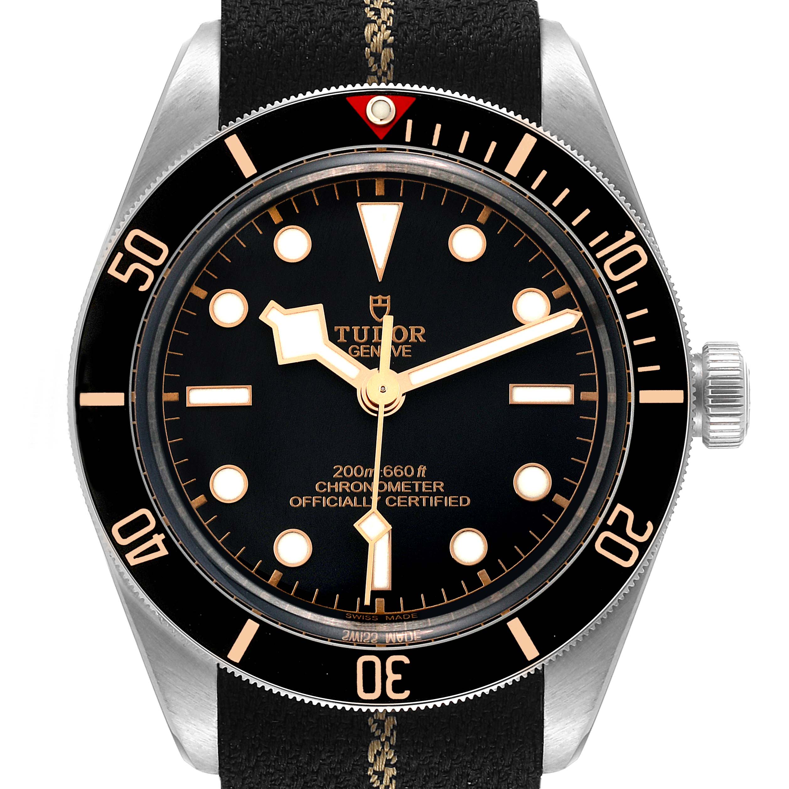 This image shows the Tudor Heritage Black Bay 79030N Men's Stainless Steel Black Dial 79030N Men's Stainless Steel Black Dial watch face from a front angle, including the bezel, dial, and crown.