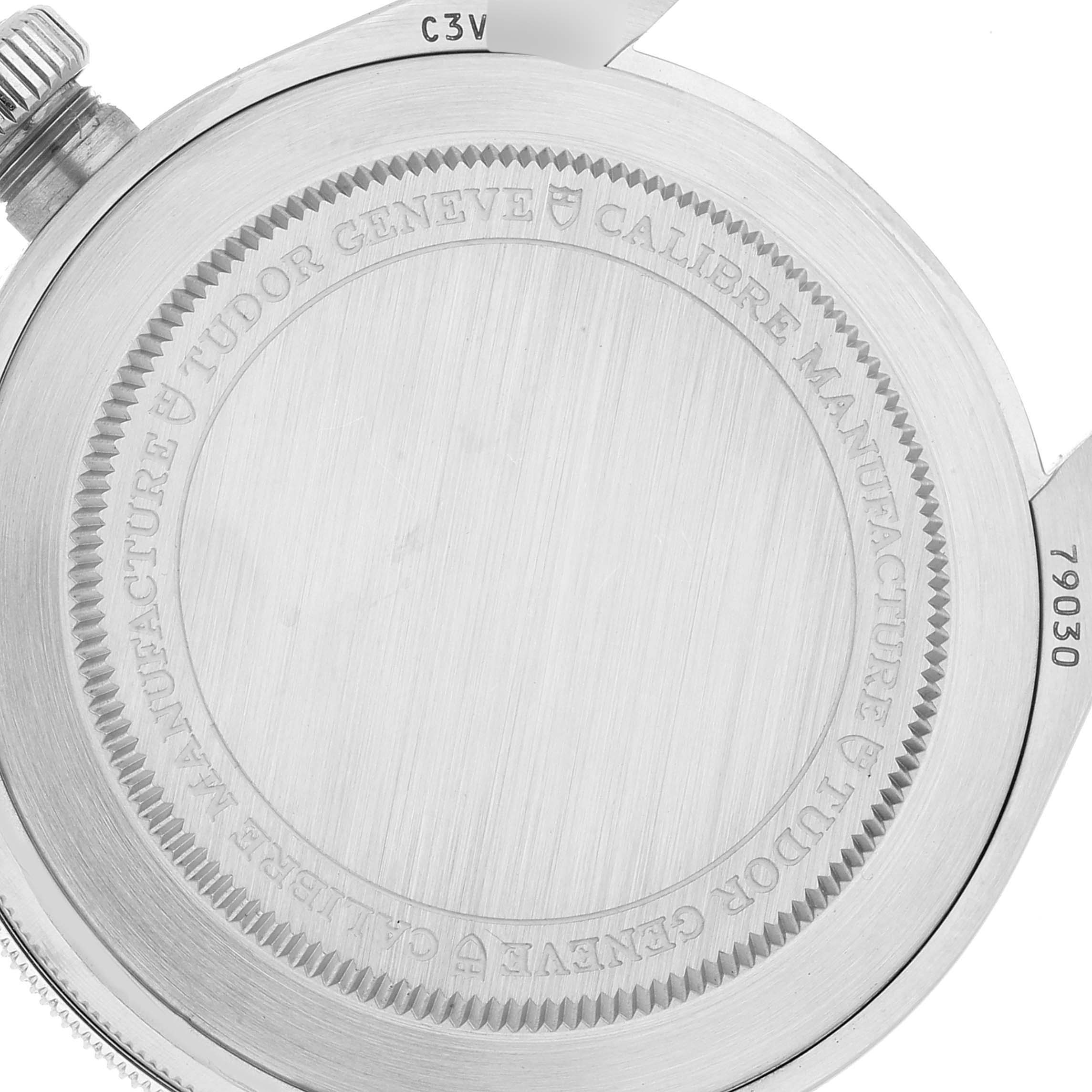 The image shows the case back of a Tudor Heritage Black Bay 79030N Men's Stainless Steel Black Dial 79030N Men's Stainless Steel Black Dial watch, highlighting its engraved details.