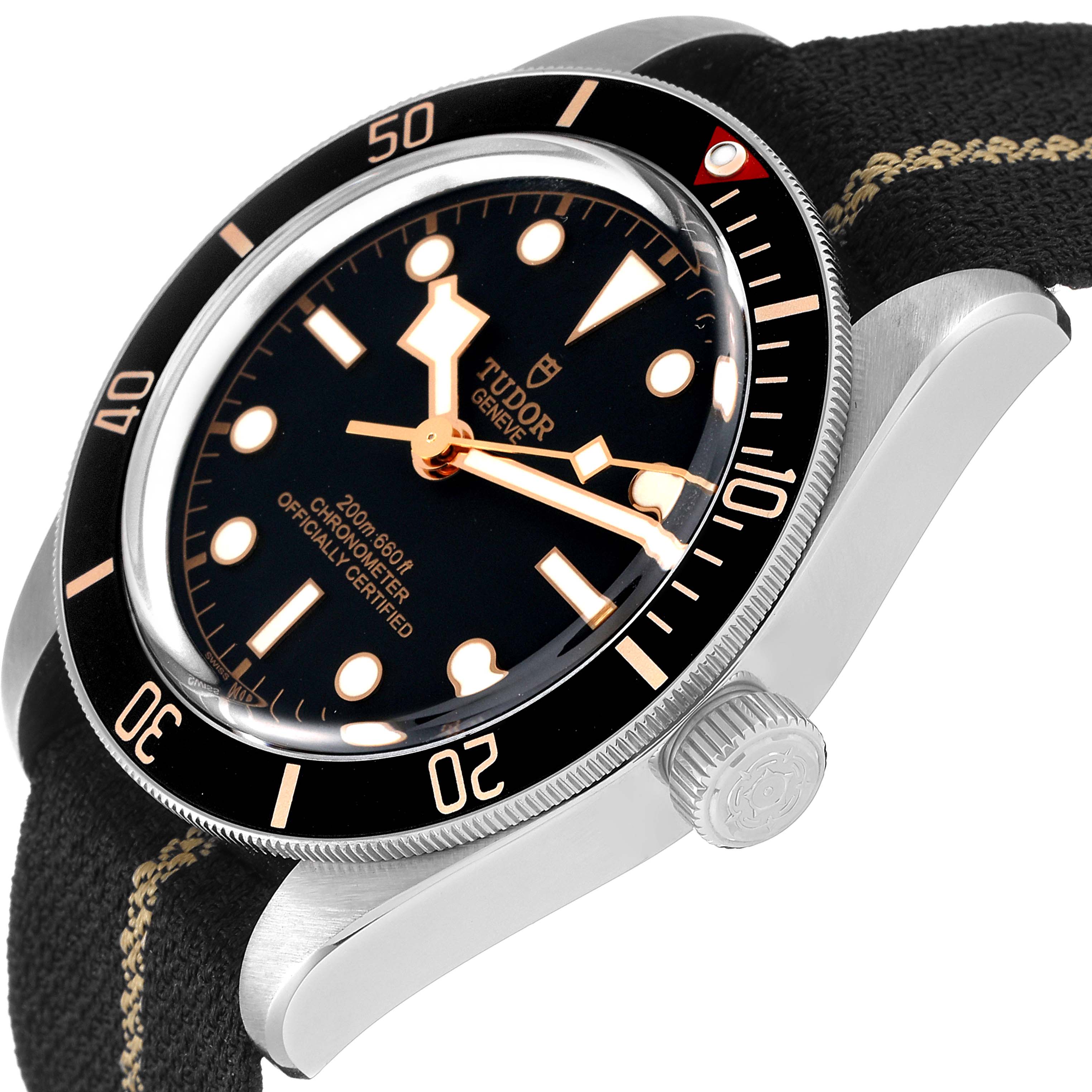 This image shows a close-up side angle of the Tudor Heritage Black Bay 79030N Men's Stainless Steel Black Dial 79030N Men's Stainless Steel Black Dial watch, highlighting its bezel, dial, crown, and fabric strap.