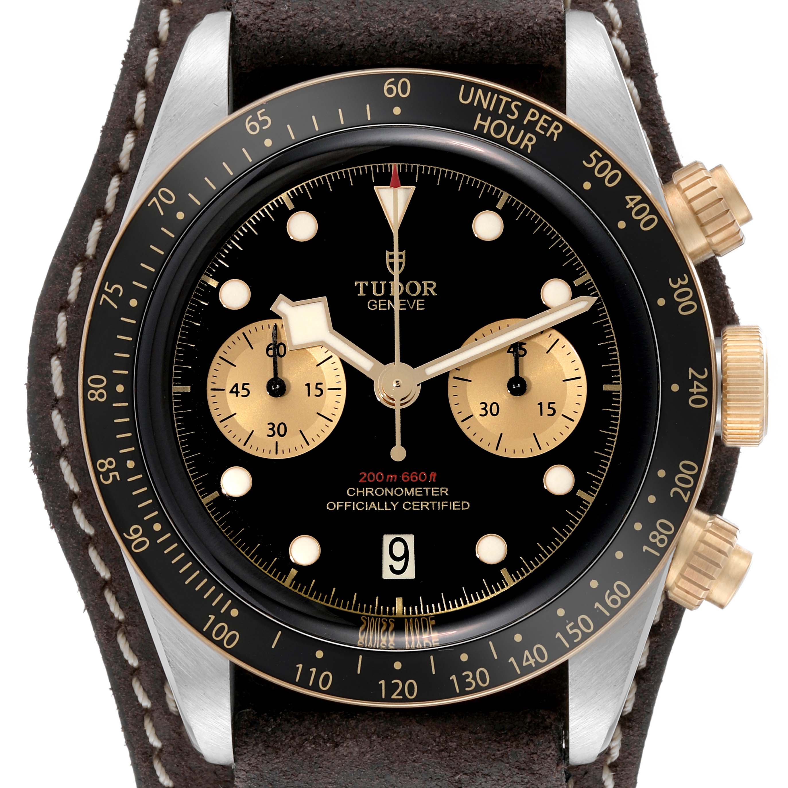 The image shows a top view of the Tudor Heritage Black Bay 79363N Men
s Steel and Gold (two tone) Black Dial 79363N Men
s Steel and Gold (two tone) Black Dial watch, highlighting its dial, subdials, and bezel.