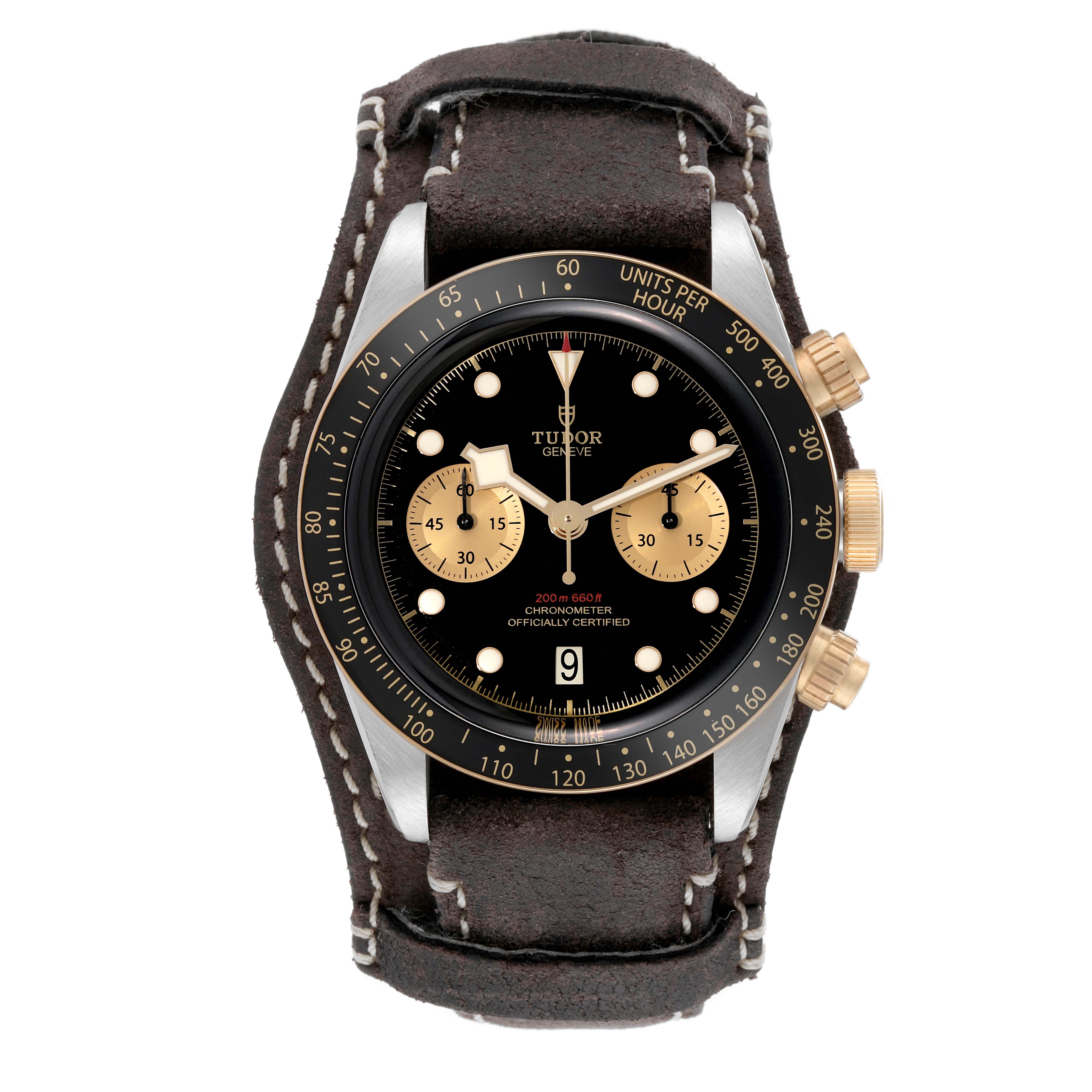 The Tudor Heritage Black Bay 79363N Men
s Steel and Gold (two tone) Black Dial 79363N Men
s Steel and Gold (two tone) Black Dial watch is shown from a top-down angle, displaying its dial, bezel, and leather strap.