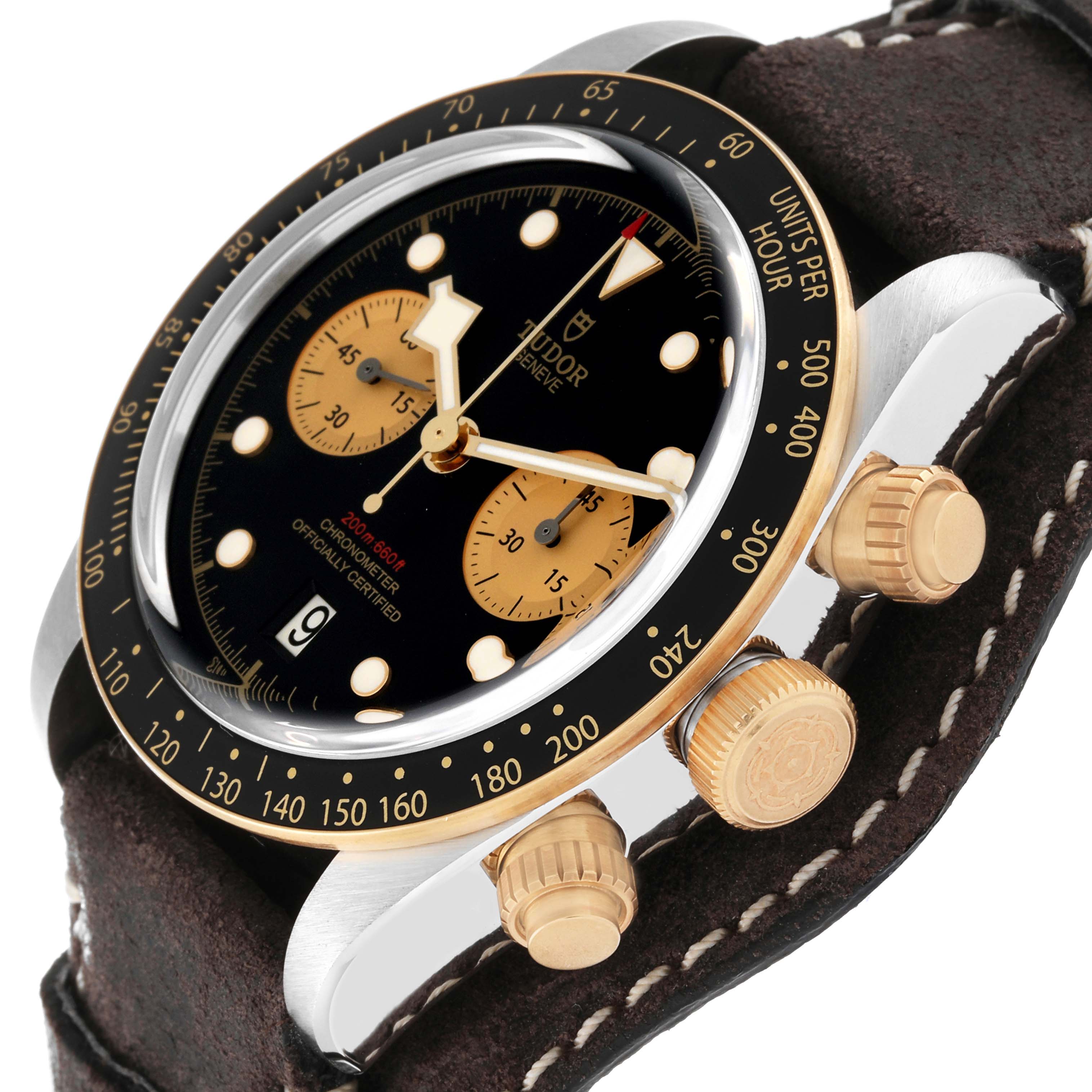 The Tudor Heritage Black Bay 79363N Men
s Steel and Gold (two tone) Black Dial 79363N Men
s Steel and Gold (two tone) Black Dial watch is shown at an angle highlighting the face, bezel, side crown, and pushers.
