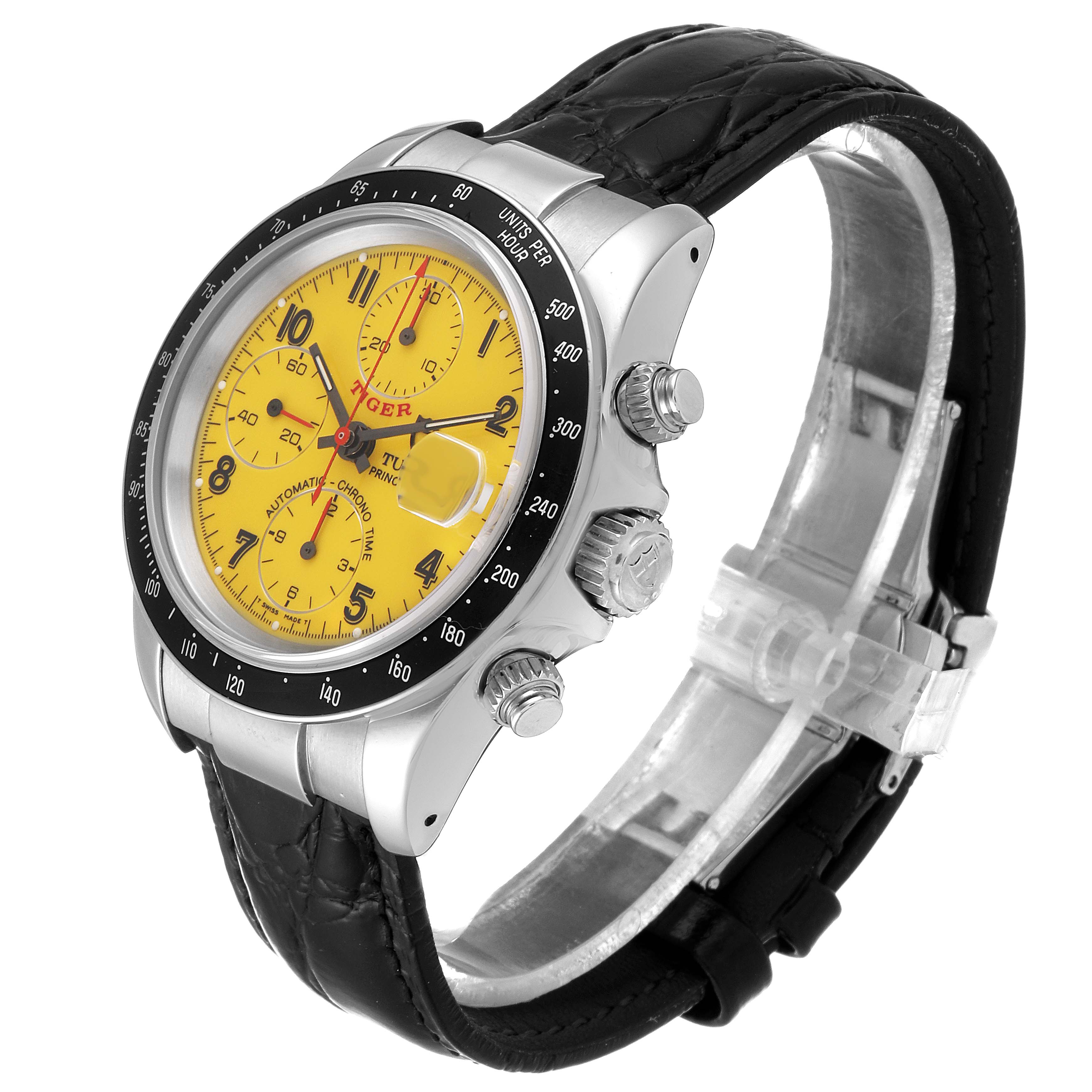 The Tudor Tiger 79260 Men
s Stainless Steel Yellow Dial 79260 Men
s Stainless Steel Yellow Dial model watch is shown at a slight angle, highlighting the yellow dial, bezel, chronograph buttons, and leather strap.