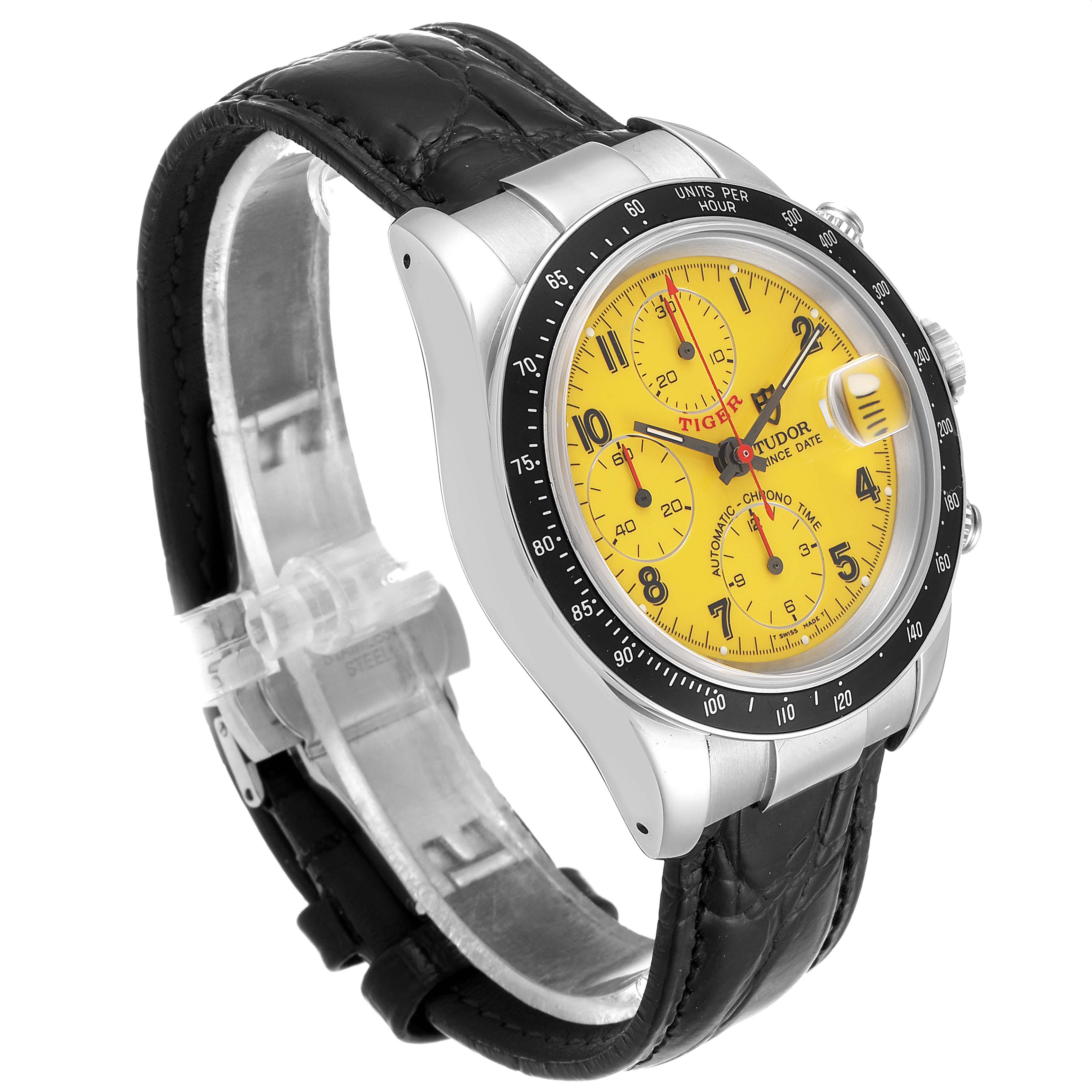 This Tudor Tiger 79260 Men
s Stainless Steel Yellow Dial 79260 Men
s Stainless Steel Yellow Dial model watch is shown at a slight angle, displaying its yellow dial, bezel, pushers, and black leather strap.