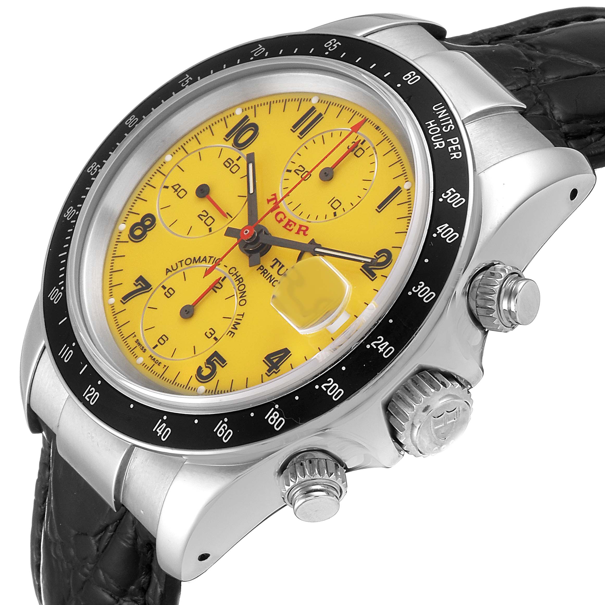 The image shows a Tudor Tiger 79260 Men
s Stainless Steel Yellow Dial 79260 Men
s Stainless Steel Yellow Dial watch at an angle highlighting the yellow dial, bezel, chronograph subdials, and crown.