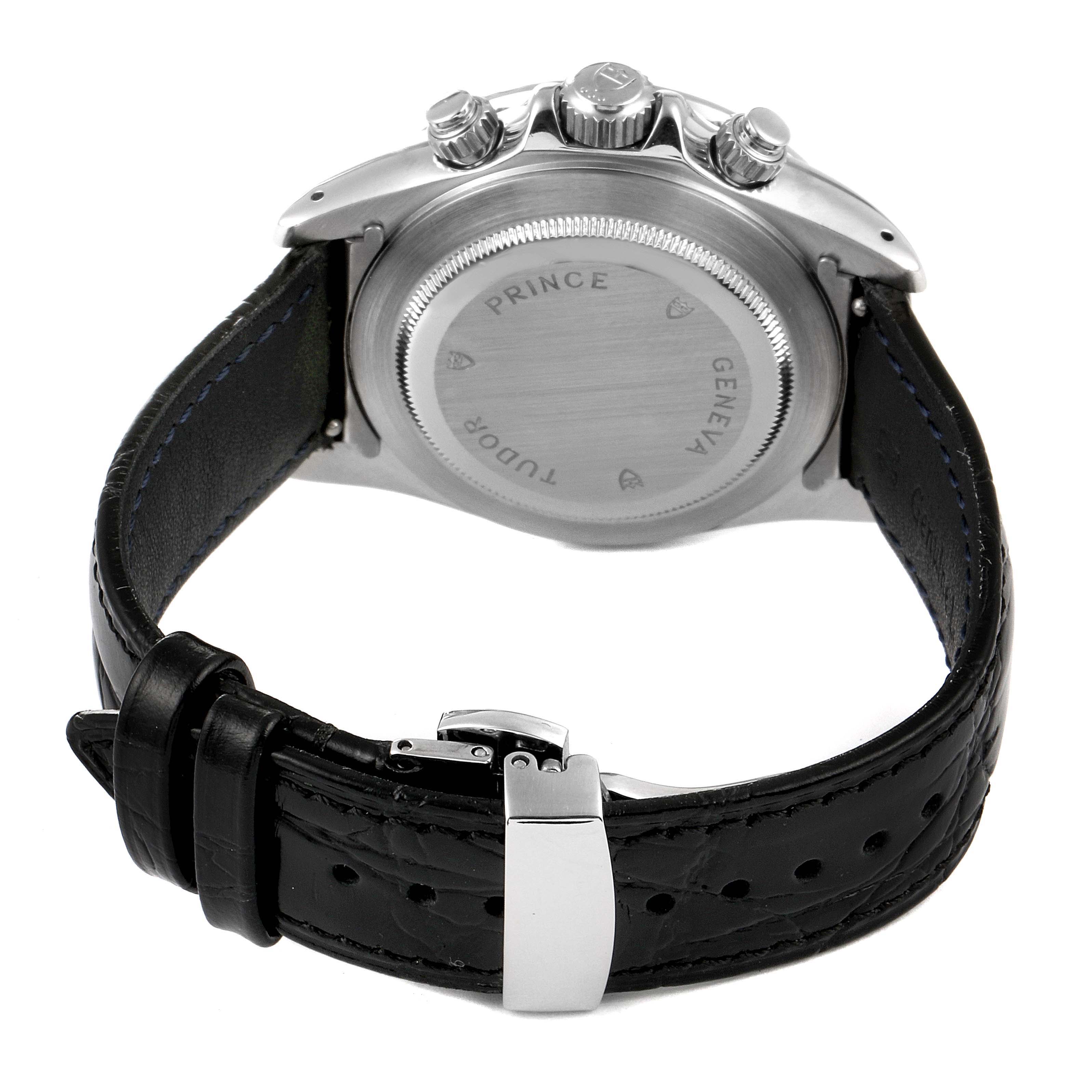 The image shows the back view of the Tudor Tiger 79260 Men
s Stainless Steel Yellow Dial 79260 Men
s Stainless Steel Yellow Dial model watch, highlighting the case back, crown, pushers, and leather strap.