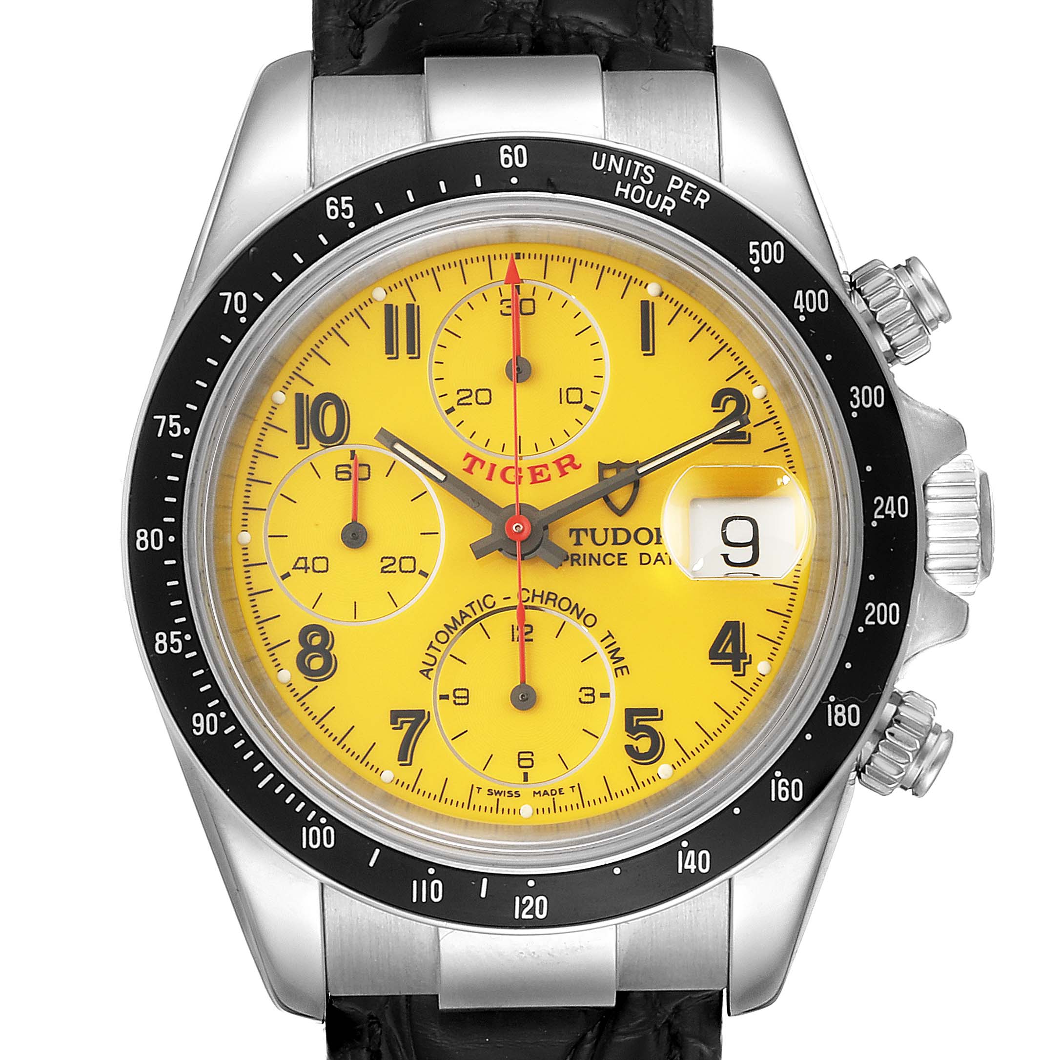 The image shows a front-facing view of the Tudor Tiger 79260 Men
s Stainless Steel Yellow Dial 79260 Men
s Stainless Steel Yellow Dial model watch, highlighting the yellow dial, chronograph subdials, and bezel.