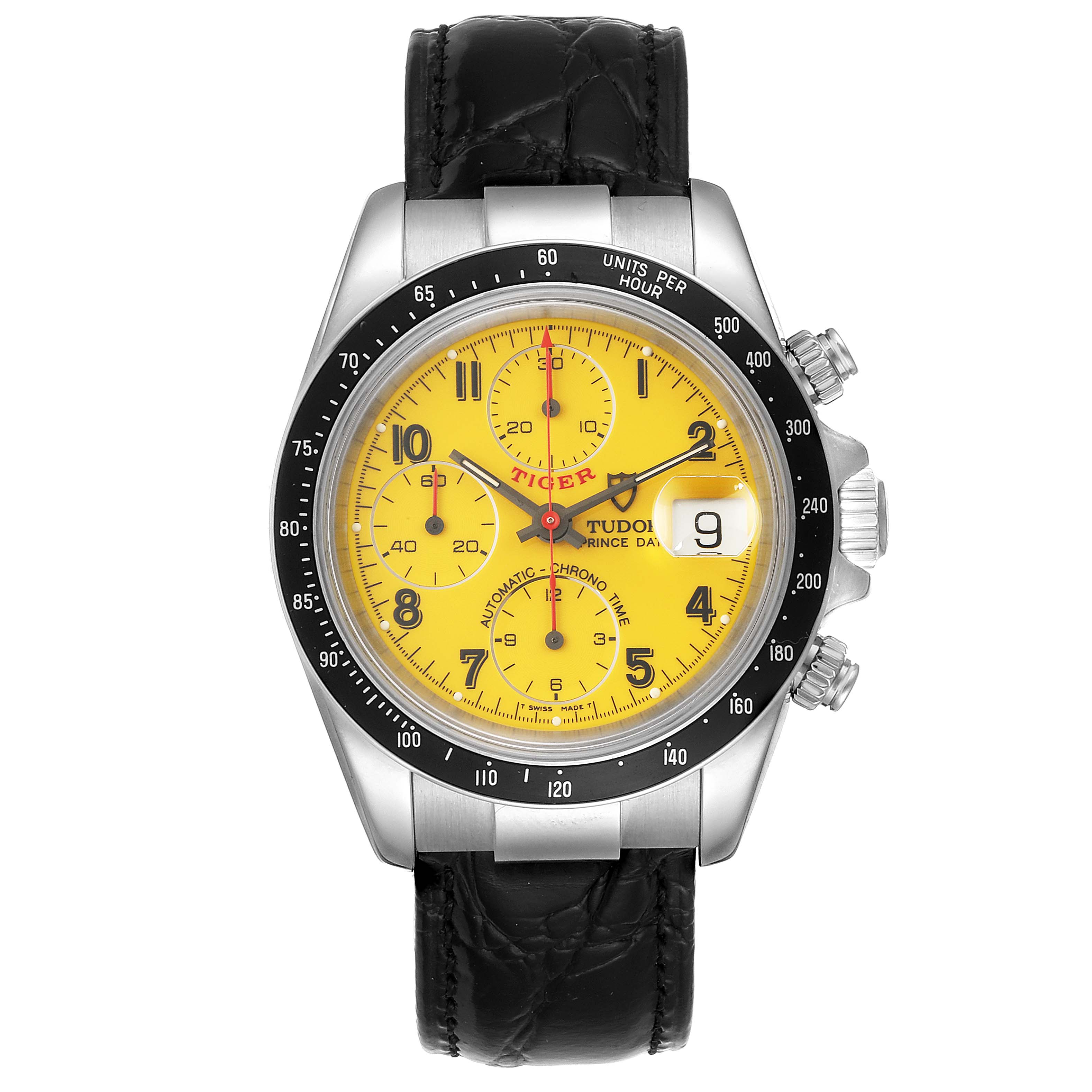 The image shows a front view of a Tudor Tiger 79260 Men
s Stainless Steel Yellow Dial 79260 Men
s Stainless Steel Yellow Dial model watch with a yellow dial and black leather strap.