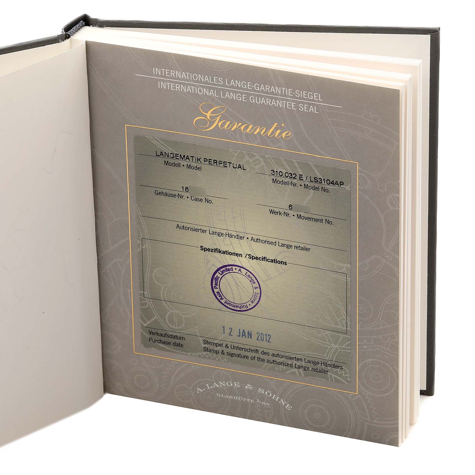 The image shows the warranty paperwork for the Richard Lange model by A. Lange & Söhne.
