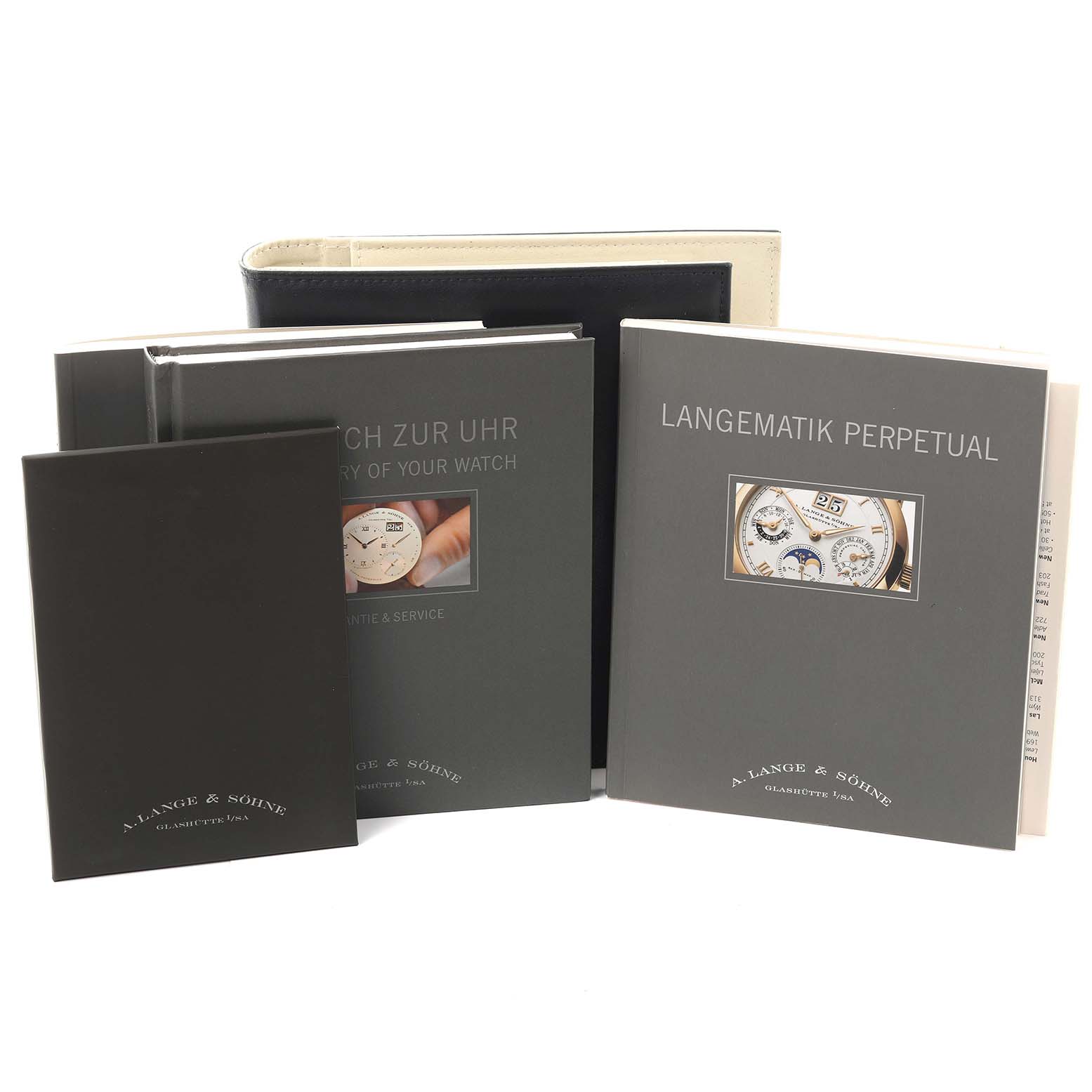 The image shows Richard Lange model booklets by A. Lange & Söhne, featuring information and images of the watch.