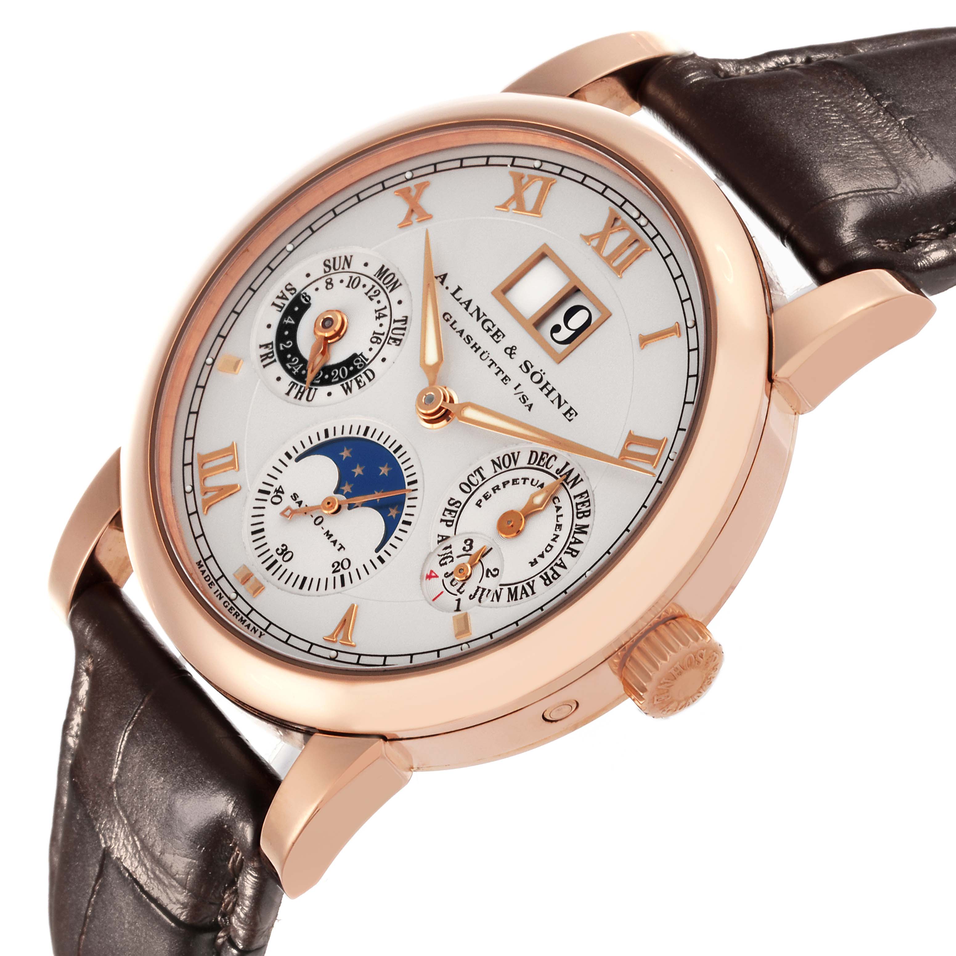 The Richard Lange watch by A. Lange & Söhne is shown at an angled side view, highlighting the dial, case, crown, and leather strap.