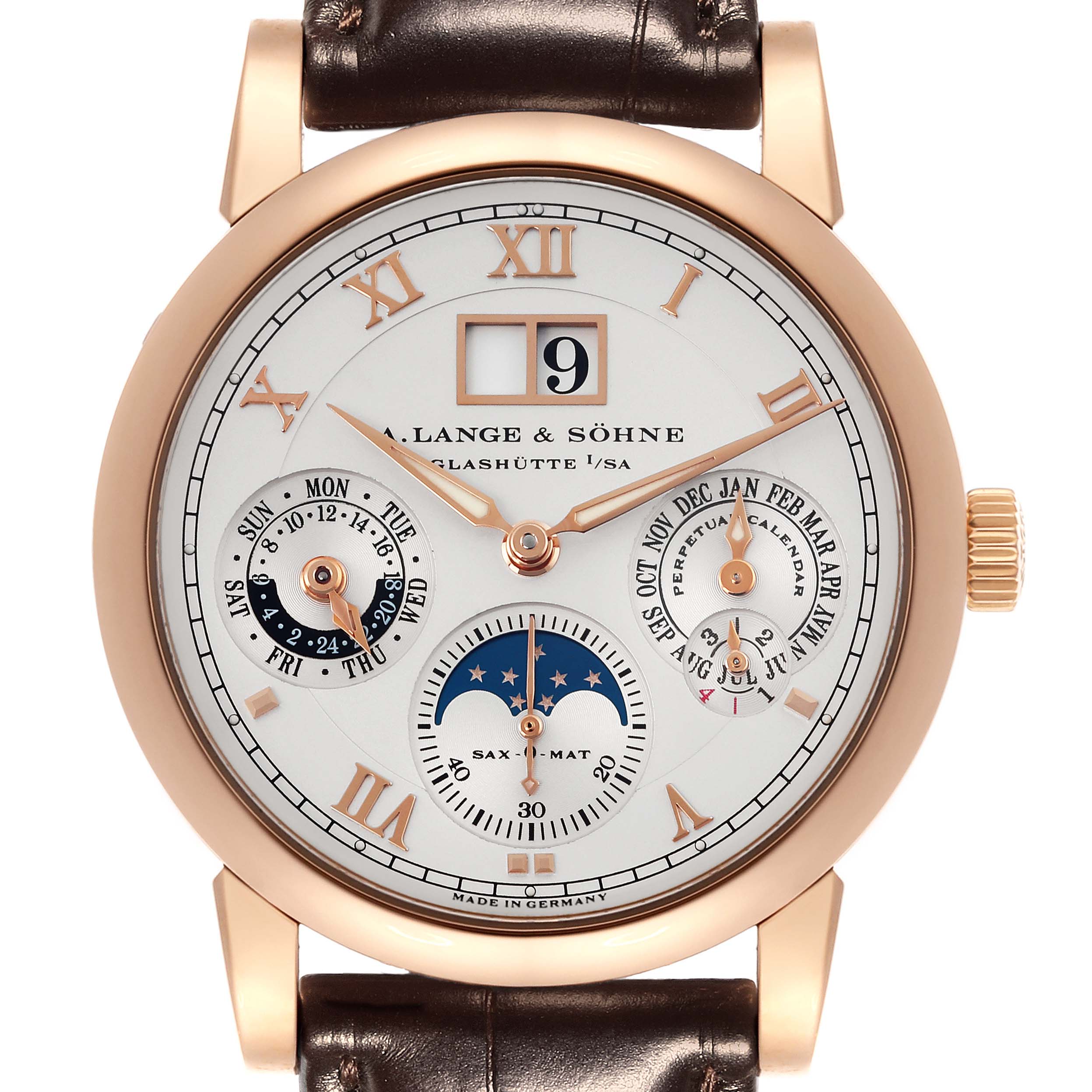 The Richard Lange watch by A. Lange & Söhne is shown from the front, displaying its dial with subdials and gold Roman numerals.