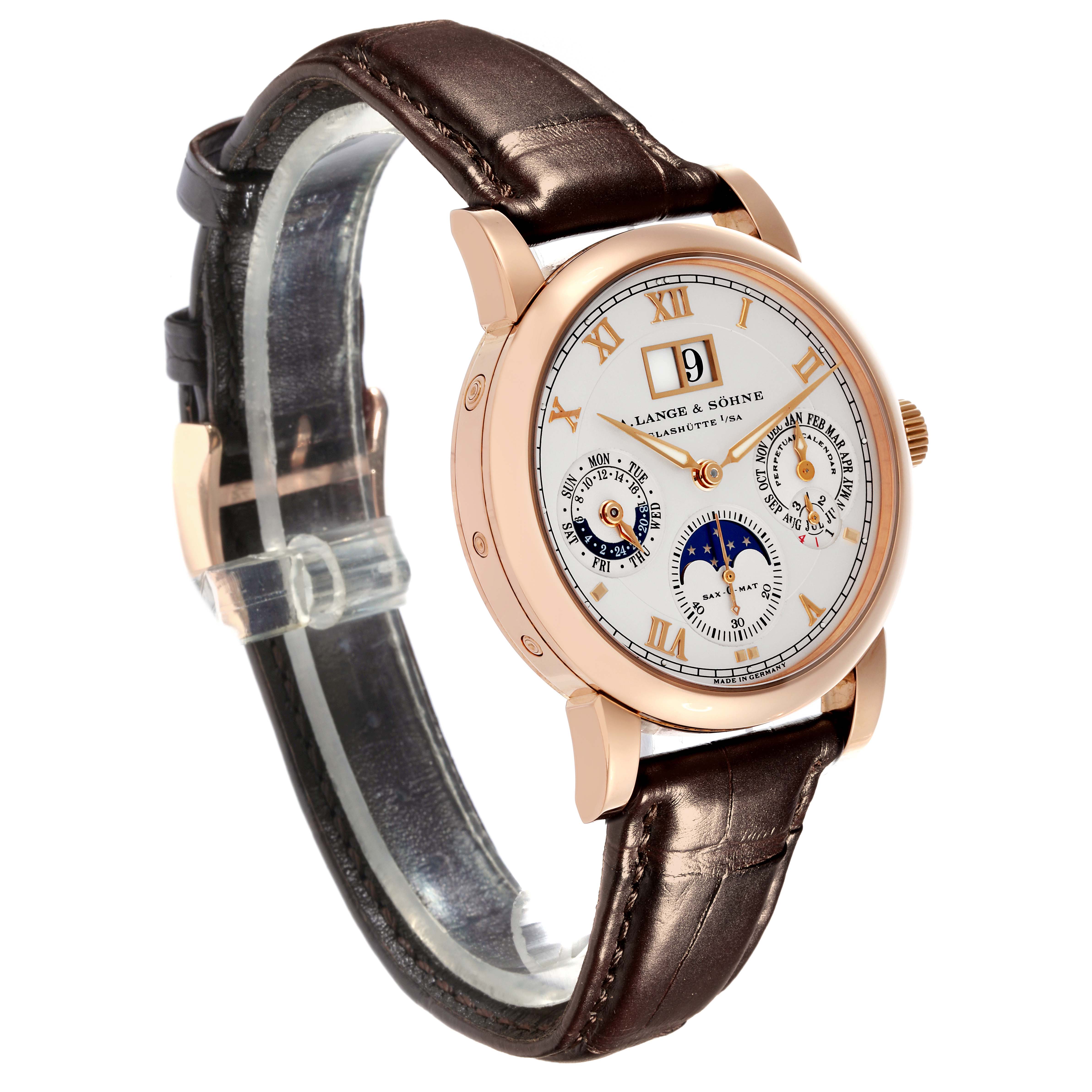 The Richard Lange by A. Lange & Söhne is shown at a slight angle, displaying the dial, case, crown, and leather strap.