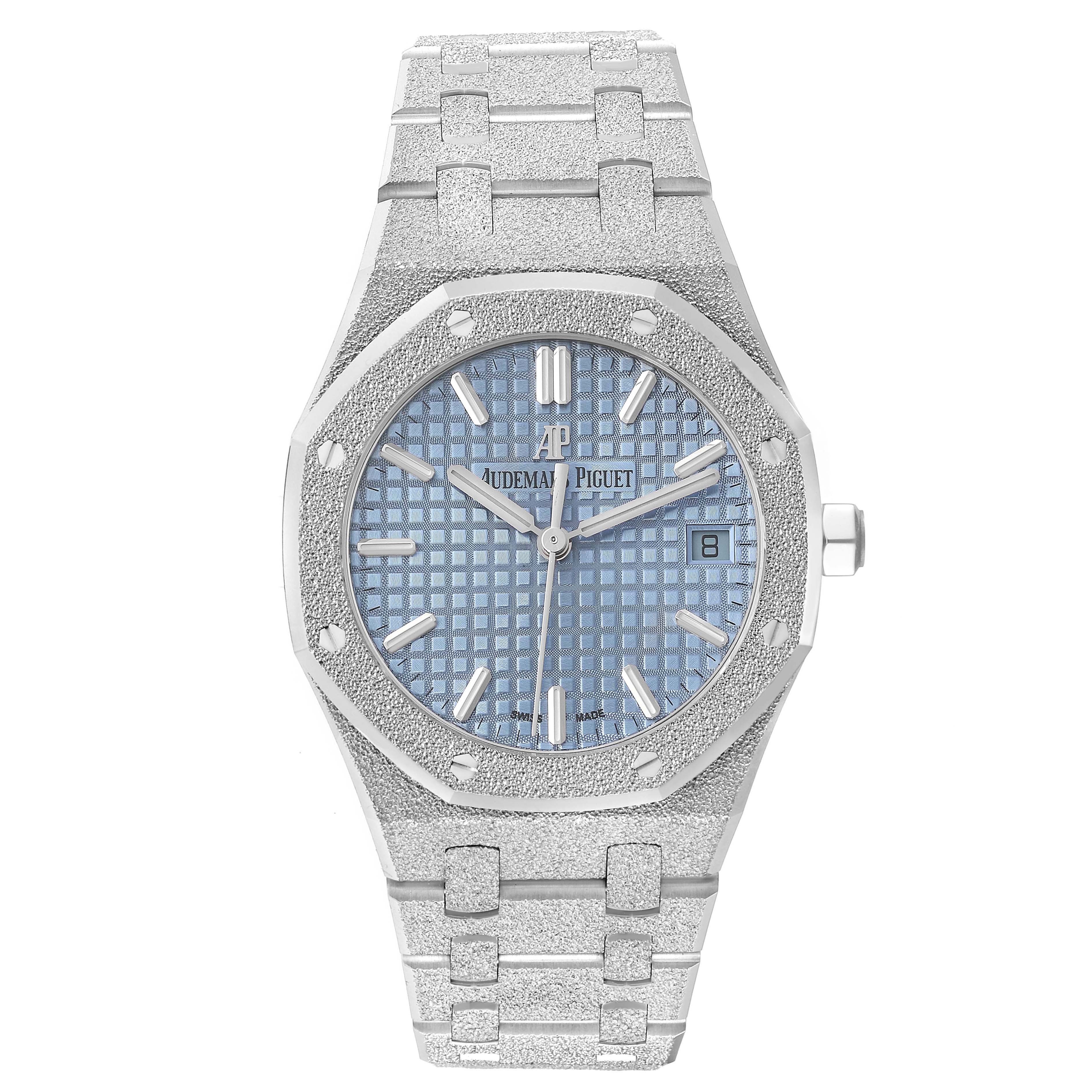 This image shows a front view of the Audemars Piguet Royal Oak 77353BC.GG.1263BC.01 Women's White Gold Blue Dial 77353BC.GG.1263BC.01 Women's White Gold Blue Dial watch, displaying its dial, bezel, crown, and bracelet.