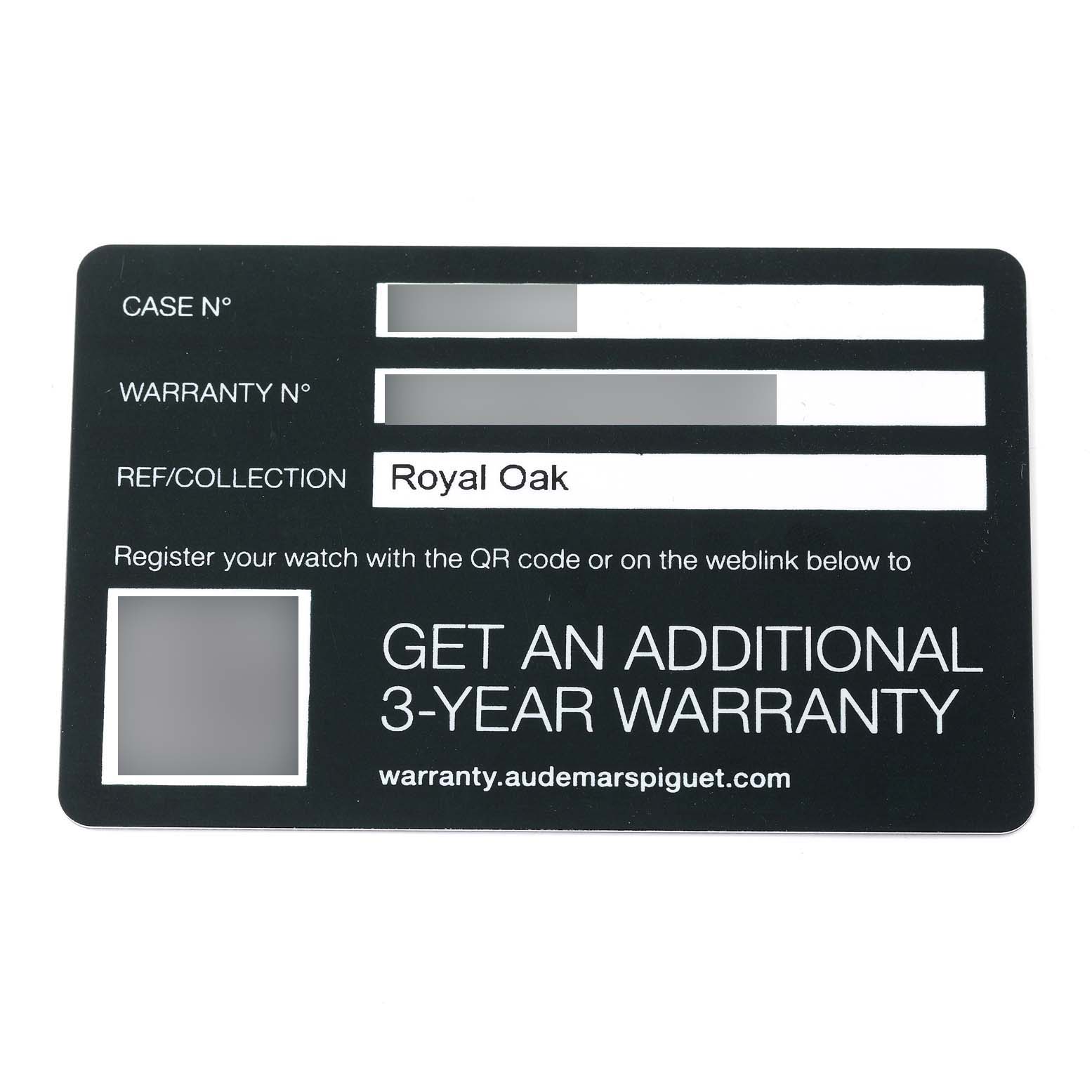 The image shows a warranty card for the Audemars Piguet Royal Oak 77353BC.GG.1263BC.01 Women's White Gold Blue Dial 77353BC.GG.1263BC.01 Women's White Gold Blue Dial model, viewed from the front.