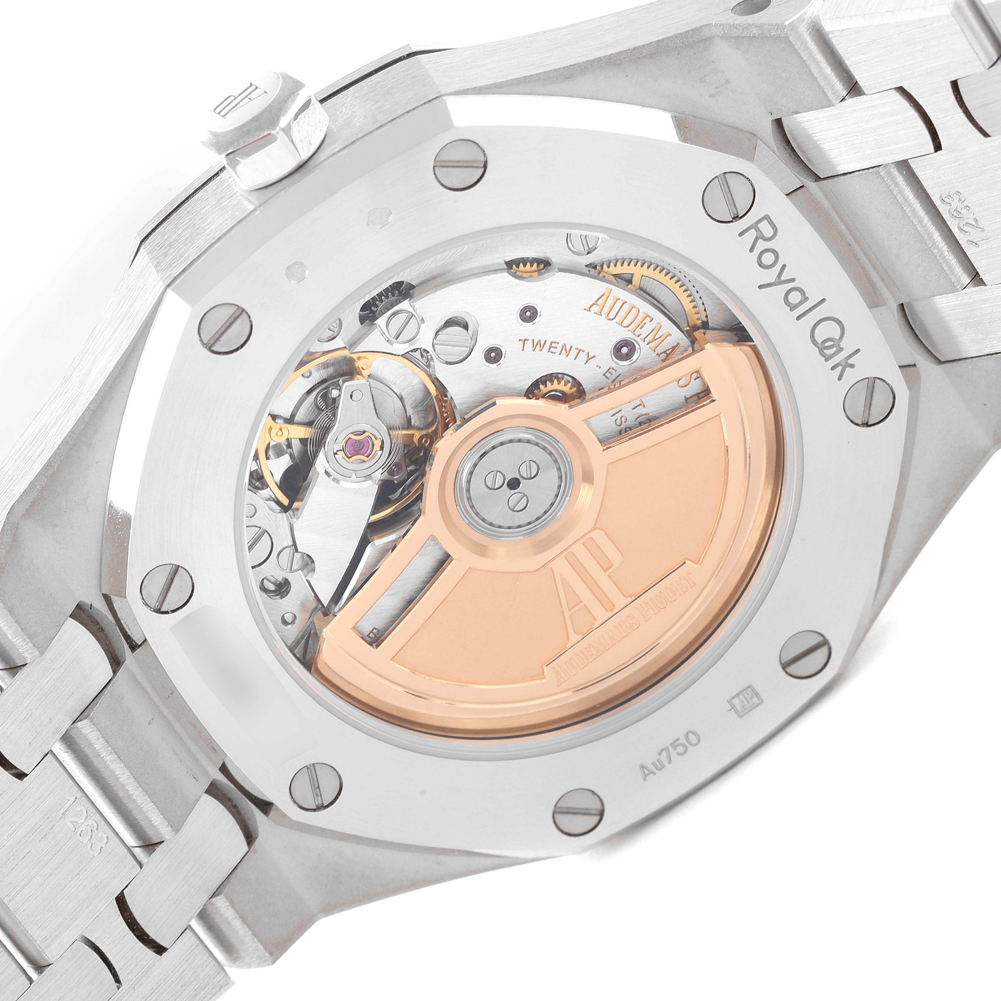 This image shows the back view of a Royal Oak model by Audemars Piguet, highlighting its intricate mechanical movement.
