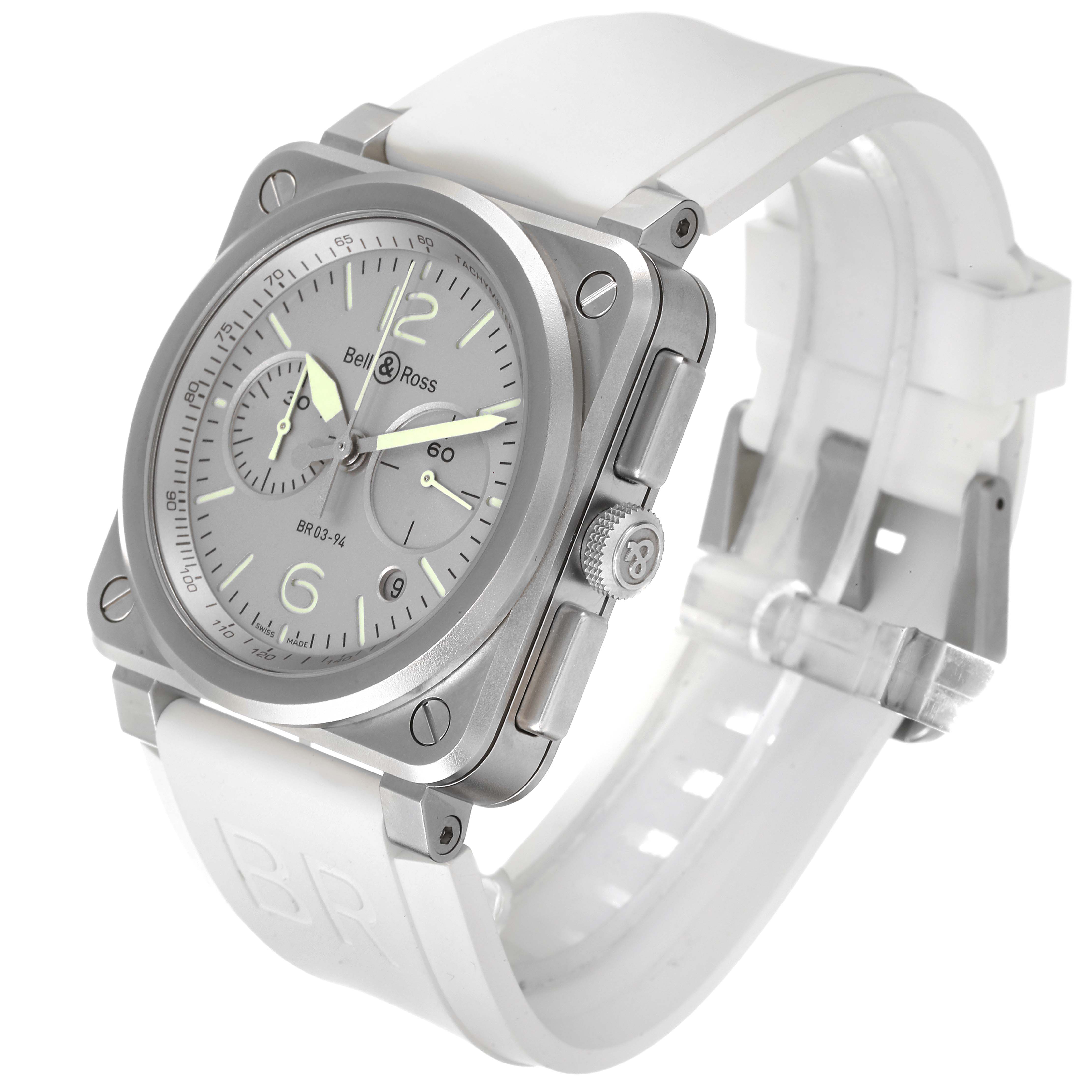 The image shows a Bell & Ross Chronograph watch at an angled side view, displaying the face, bezel, strap, and crown.