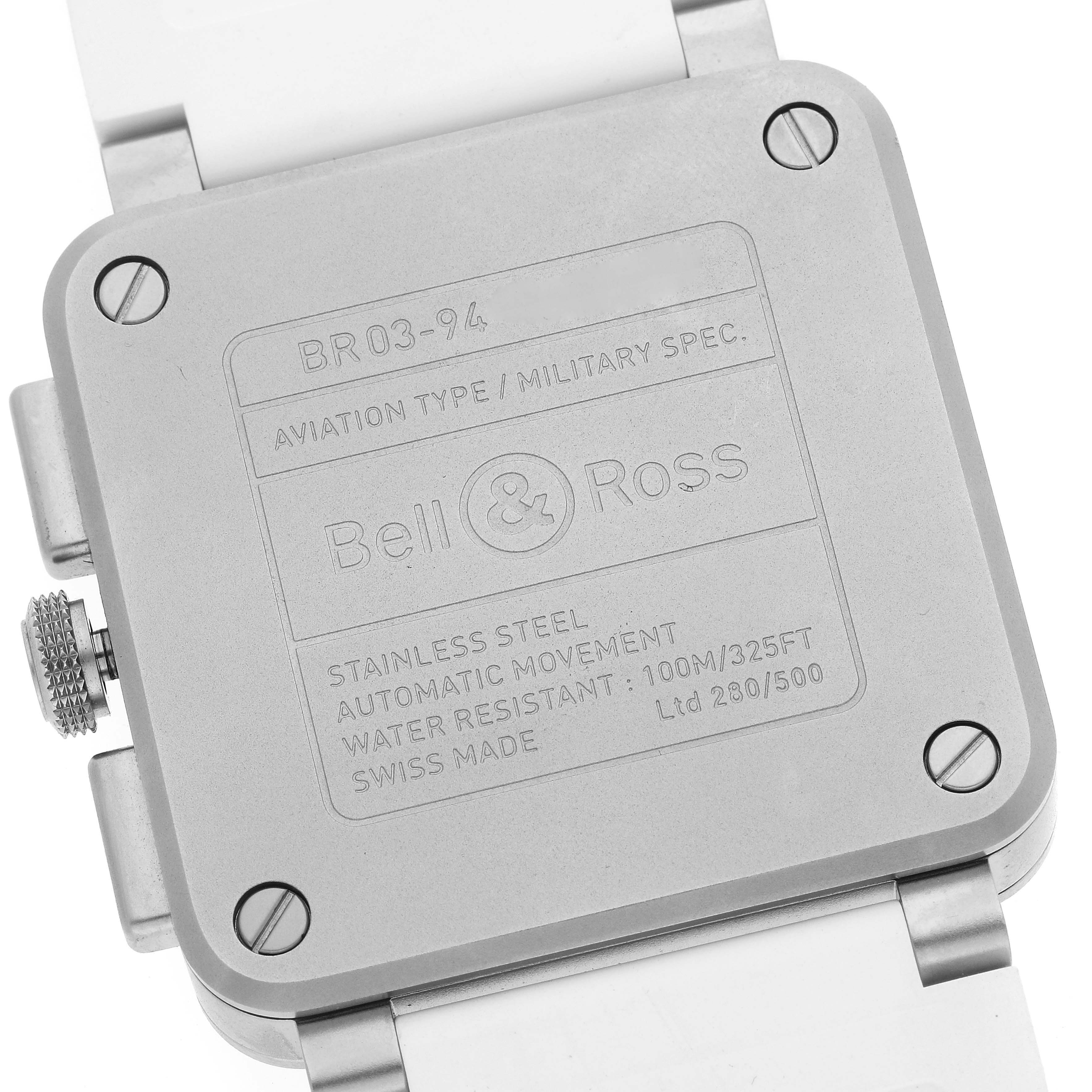 This image shows the back case of a Bell & Ross BR03-94 Chronograph watch, displaying its specifications.