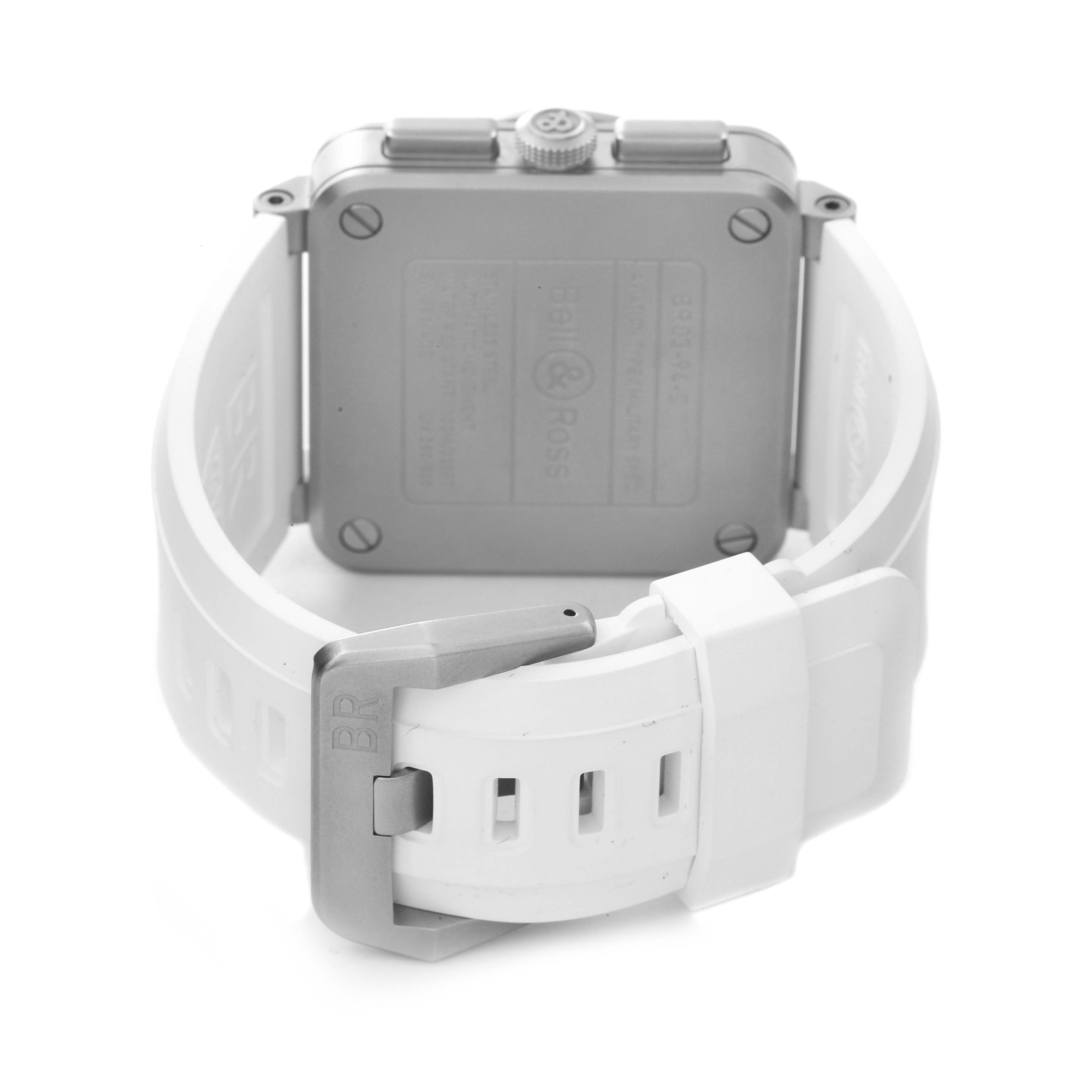 The image shows the back of the Bell & Ross Chronograph watch, highlighting the case back, strap, and buckle.
