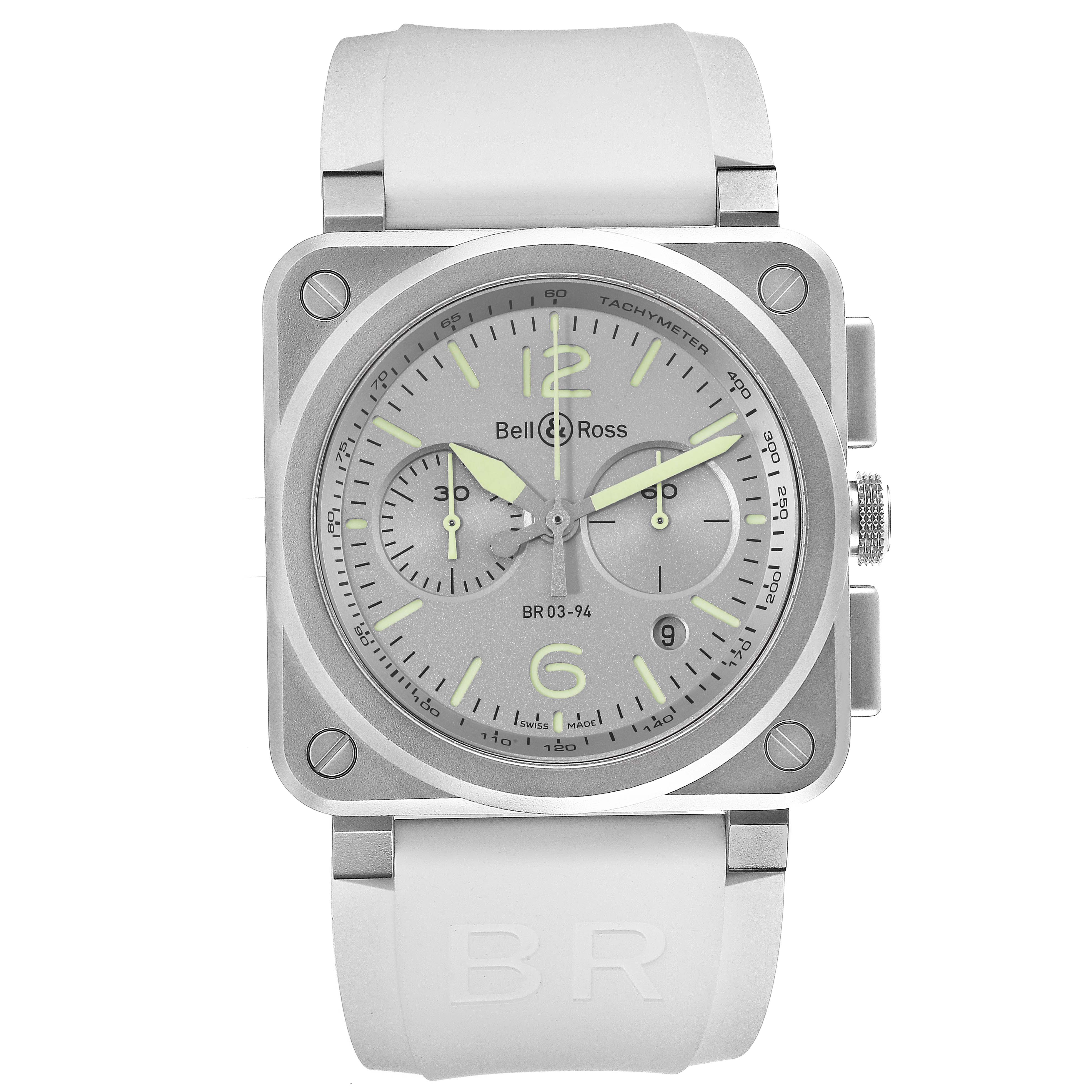 The image shows a front view of a Bell & Ross BR03-94 Chronograph watch with a white strap and stainless steel case.