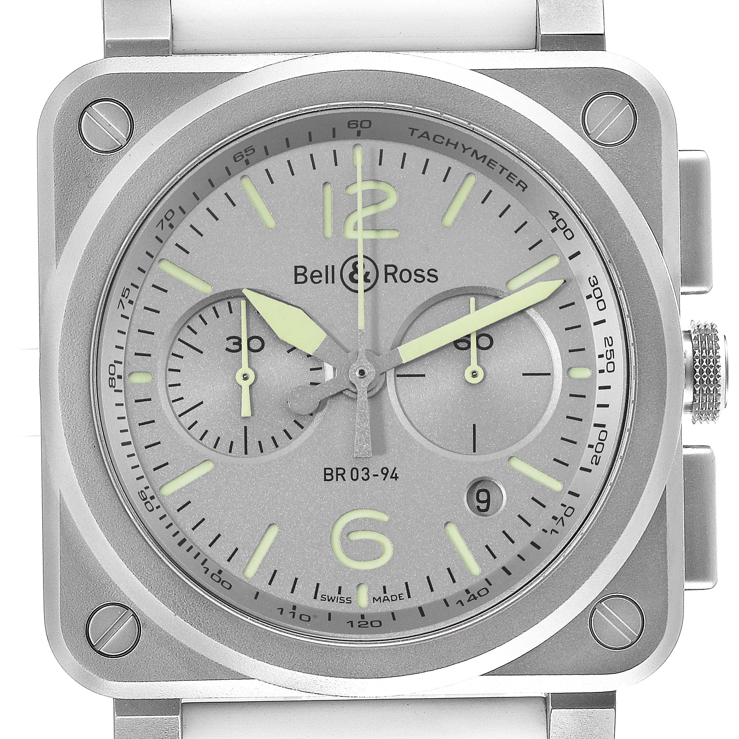 The image shows the dial and side buttons of a Bell & Ross Instruments BR03-94 Men's Stainless Steel Silver Dial BR03-94 Men's Stainless Steel Silver Dial model BR03-94 watch from a front angle.