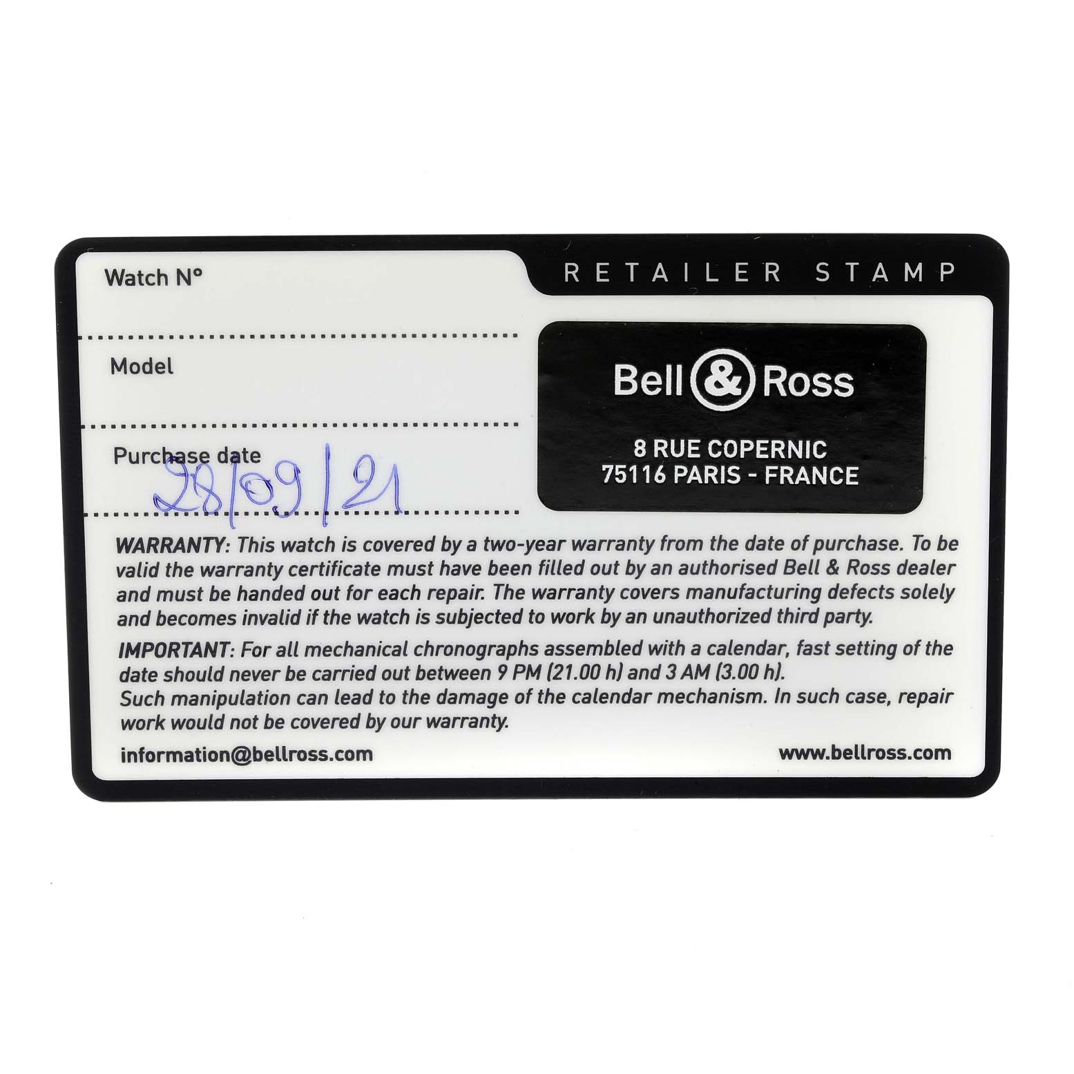 The image displays a warranty card for the Bell & Ross Chronograph watch model, including purchase date and brand details.