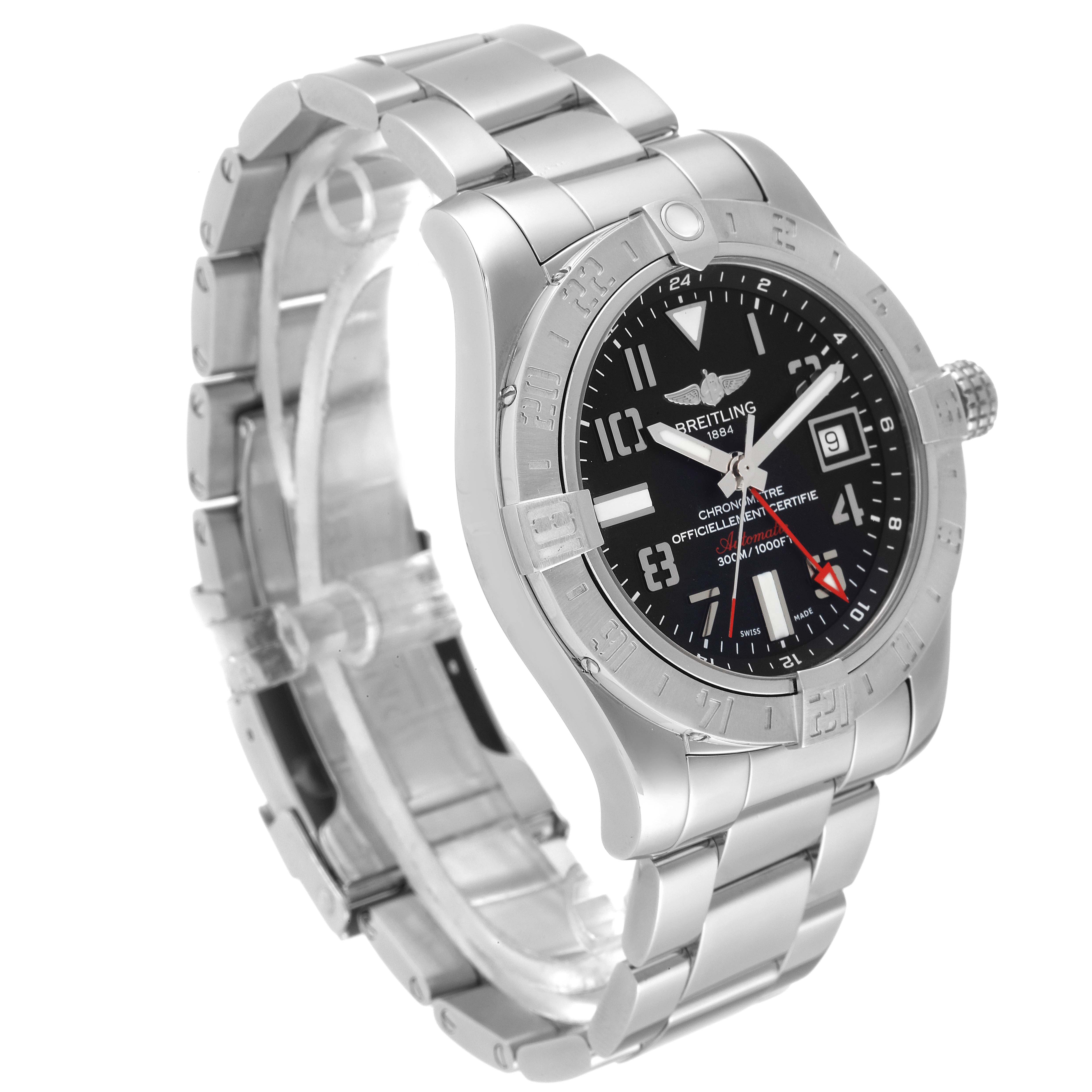 The image shows a Breitling Avenger A32390 Men's Stainless Steel Black Dial A32390 Men's Stainless Steel Black Dial watch at an angle revealing the bracelet, case, crown, and full dial with date window.