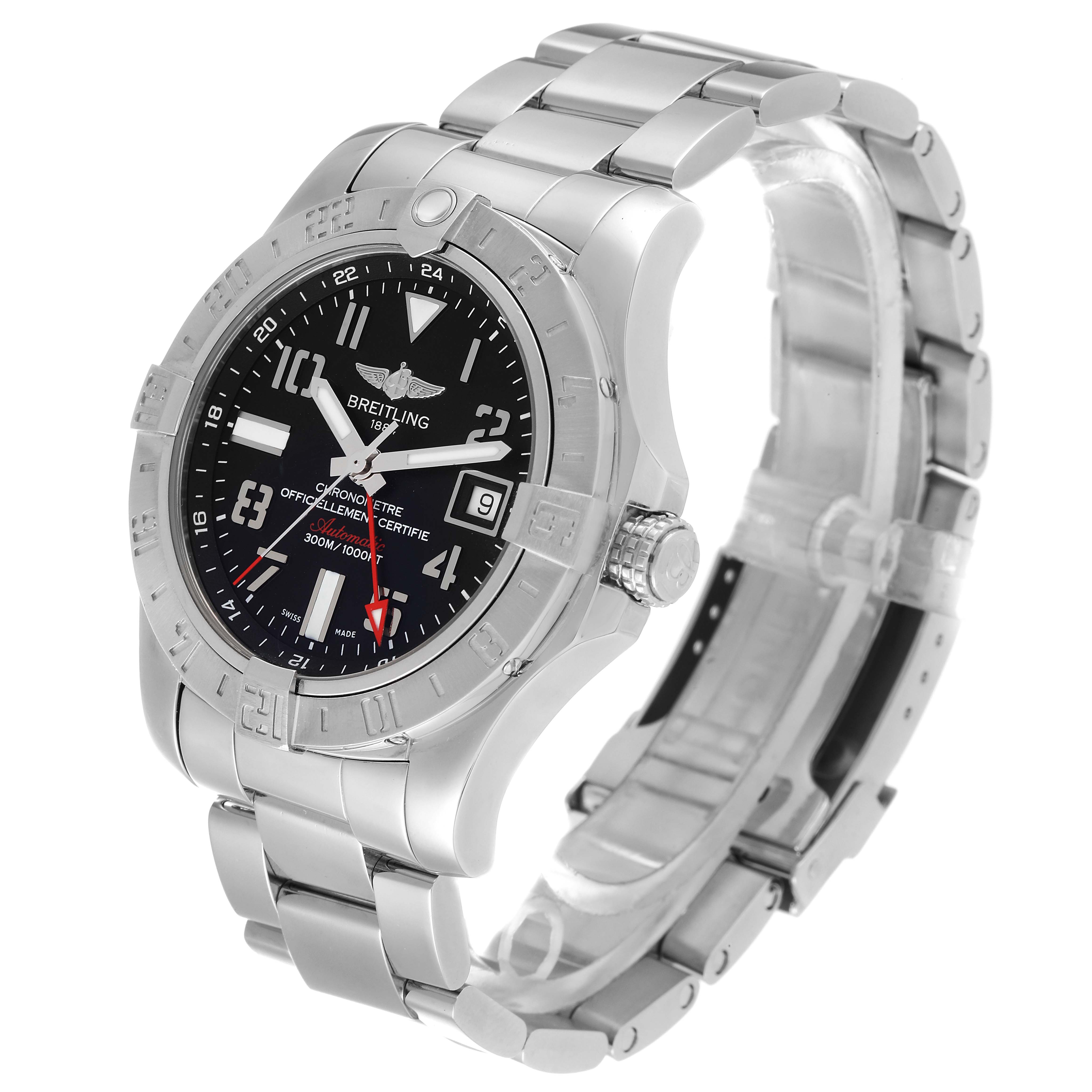 This is a Breitling Avenger A32390 Men's Stainless Steel Black Dial A32390 Men's Stainless Steel Black Dial watch shown at a three-quarter angle, displaying its face, bezel, and metallic band.