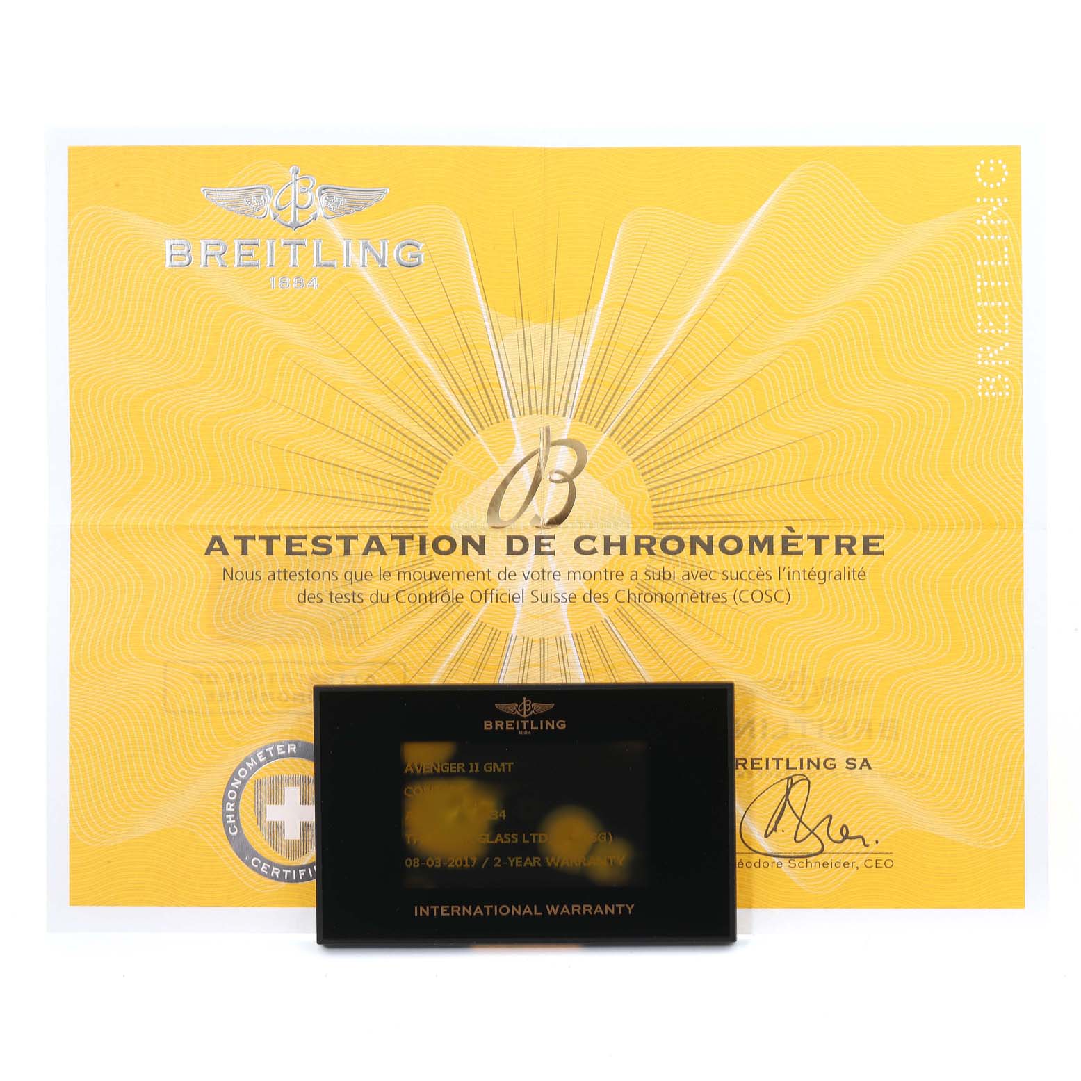 The image displays a Breitling Avenger A32390 Men's Stainless Steel Black Dial A32390 Men's Stainless Steel Black Dial model certificate and international warranty card.