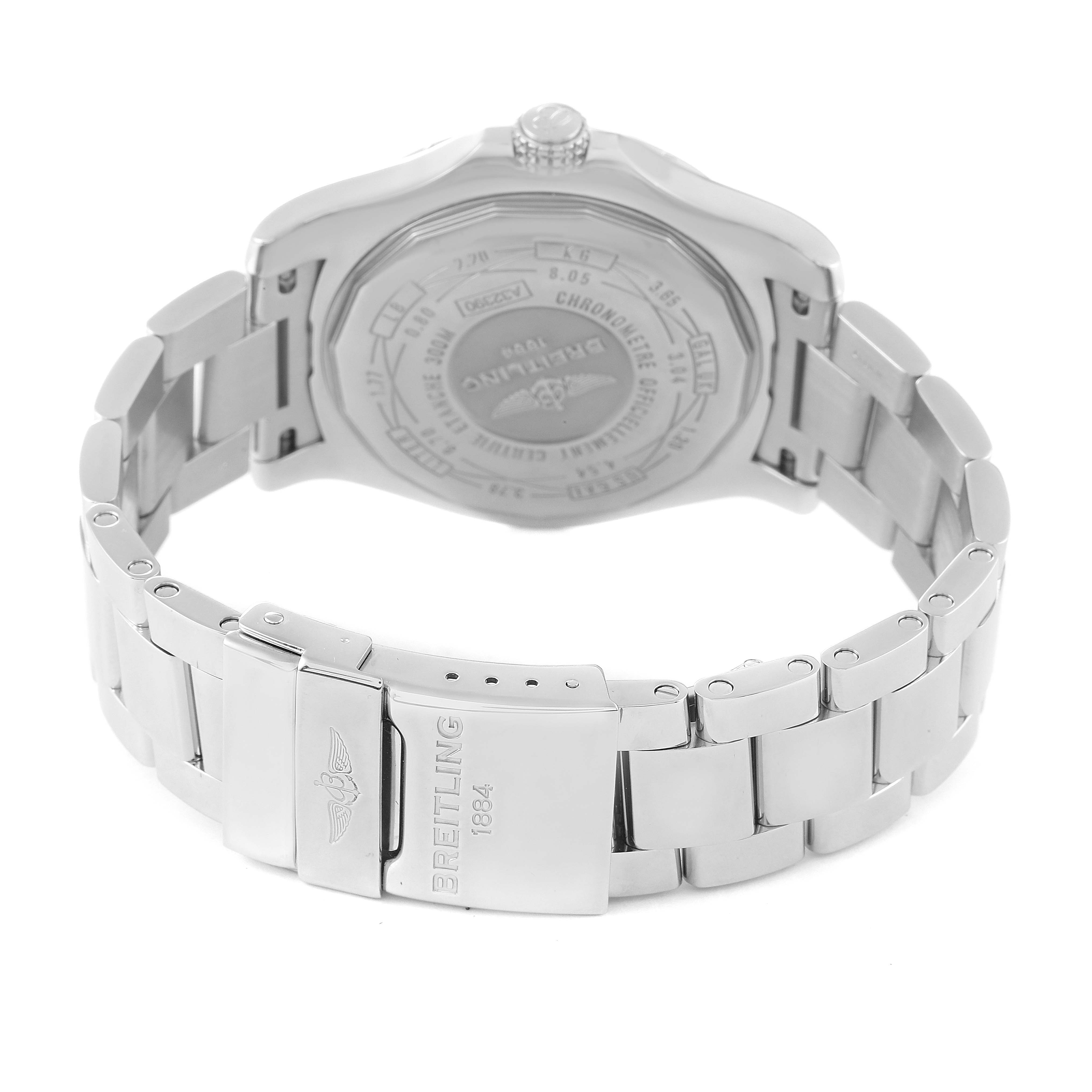 This image shows the back case and bracelet of the Breitling Avenger A32390 Men's Stainless Steel Black Dial A32390 Men's Stainless Steel Black Dial watch from a rear angle.