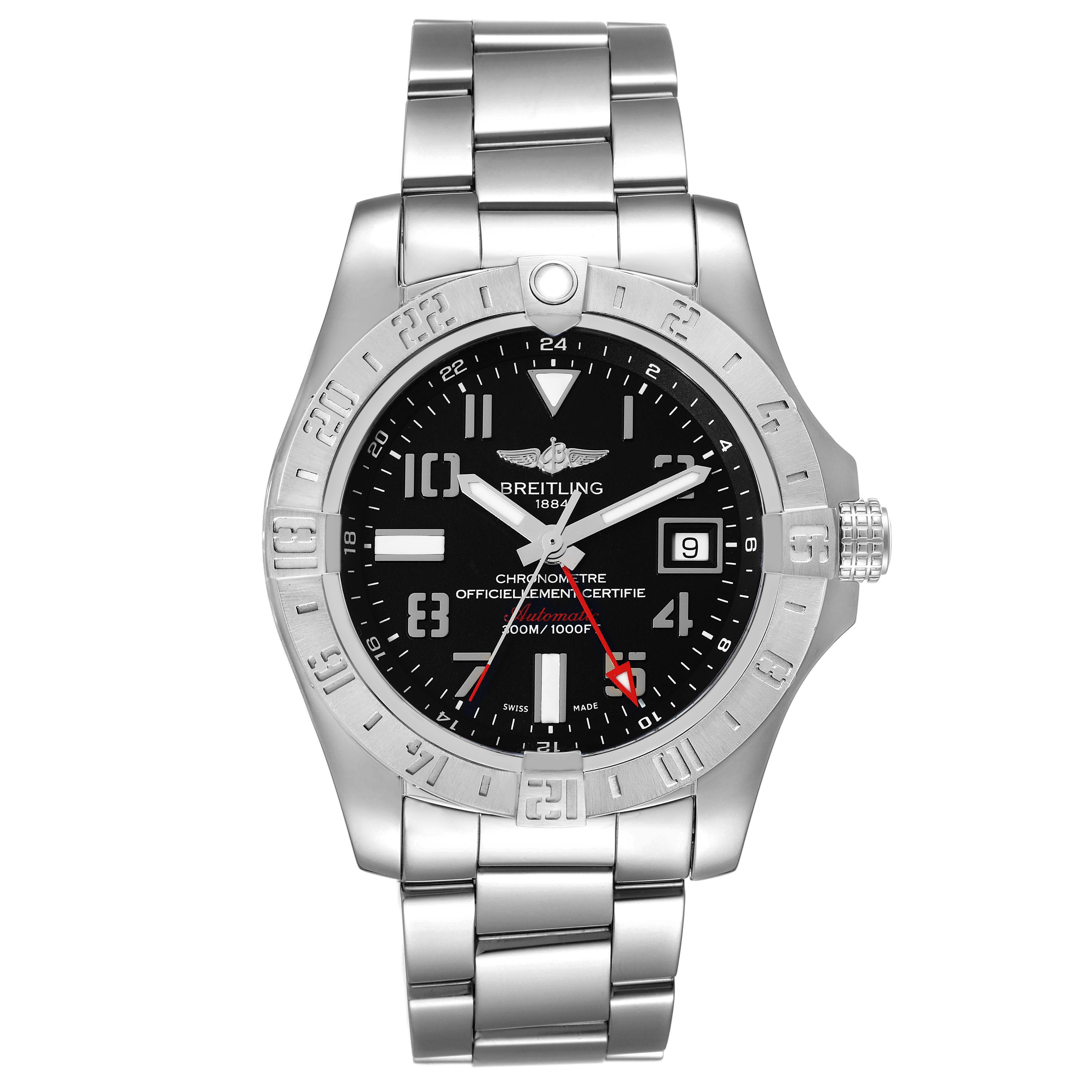 This image shows a frontal view of the Breitling Avenger A32390 Men's Stainless Steel Black Dial A32390 Men's Stainless Steel Black Dial watch, highlighting its black dial, stainless steel case, and bracelet.