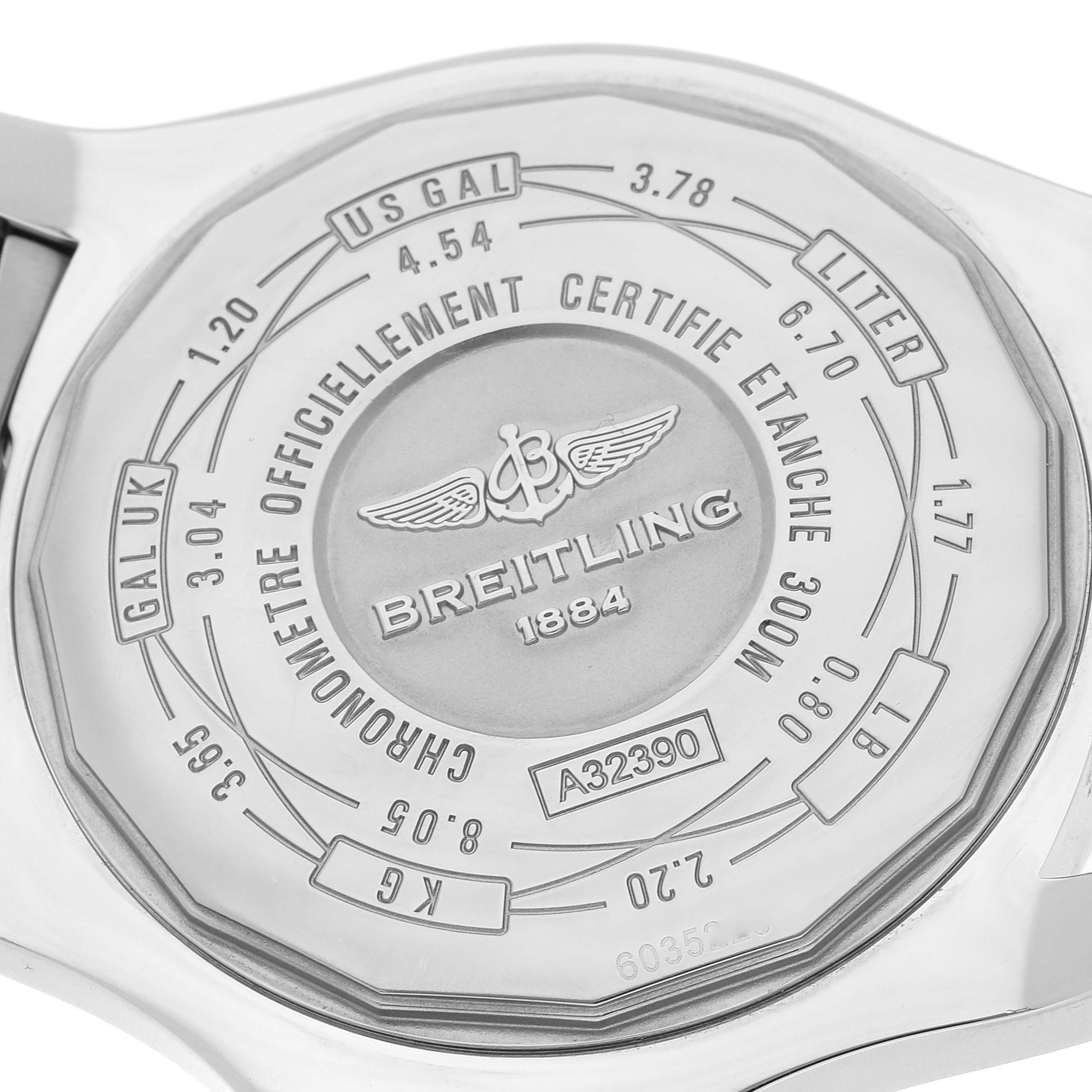 This image shows the case back of a Breitling Avenger A32390 Men's Stainless Steel Black Dial A32390 Men's Stainless Steel Black Dial watch detailing its specifications and engravings.