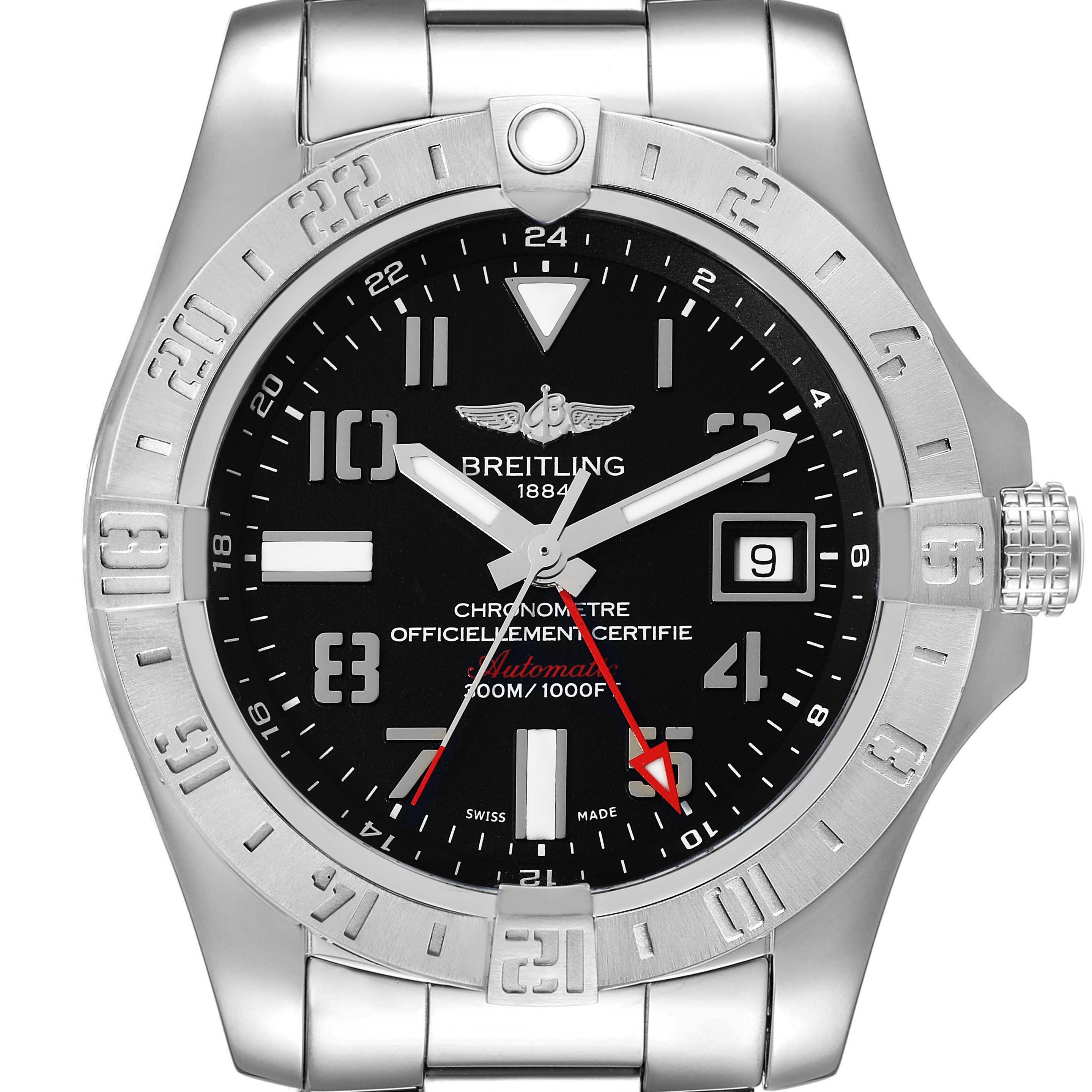 This image shows a front view of the Breitling Avenger A32390 Men's Stainless Steel Black Dial A32390 Men's Stainless Steel Black Dial watch, highlighting its dial, bezel, and stainless steel bracelet.