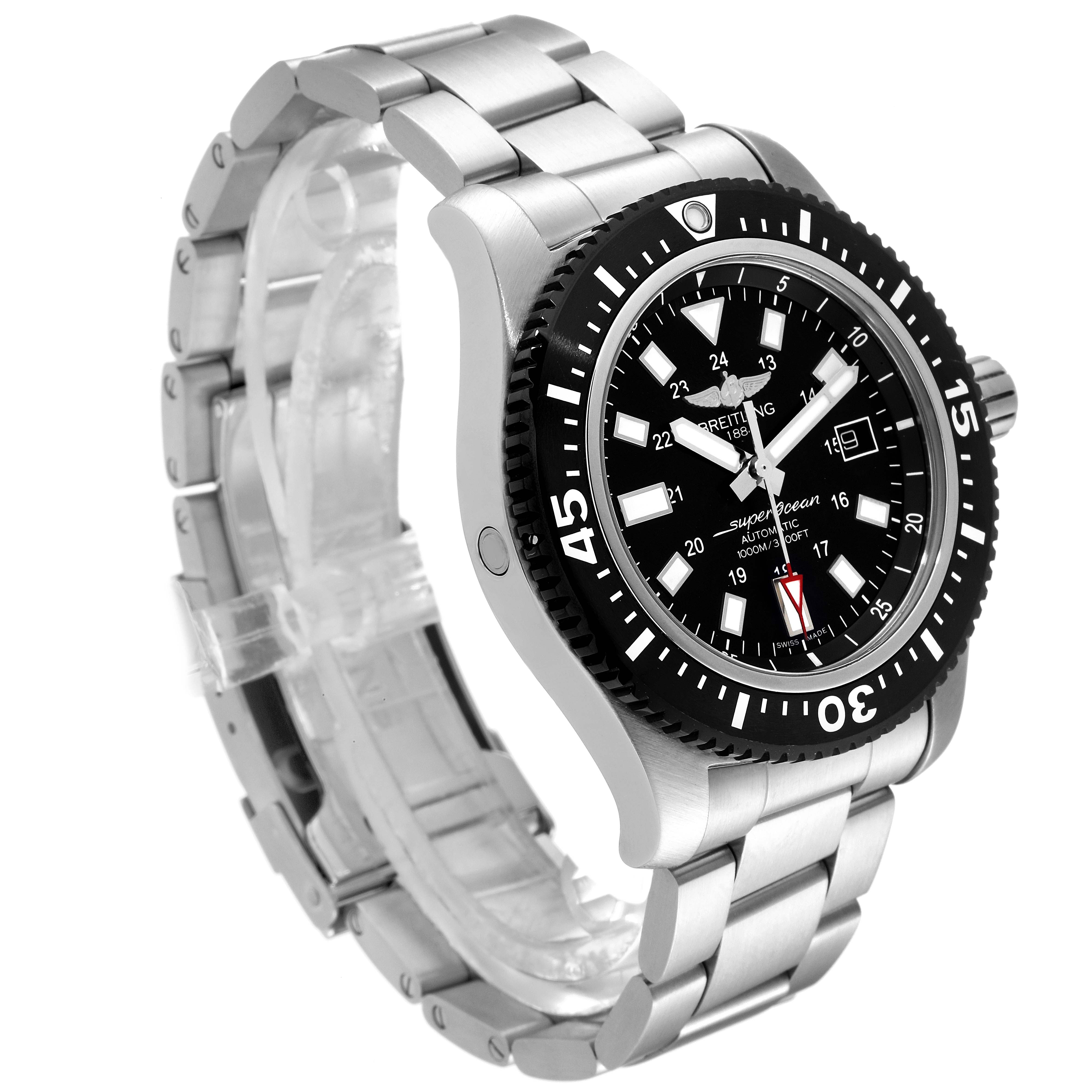 This image shows a side angle of the Breitling Superocean Y17393 Men's Stainless Steel Black Dial Y17393 Men's Stainless Steel Black Dial watch, highlighting its bracelet, bezel, crown, and dial.