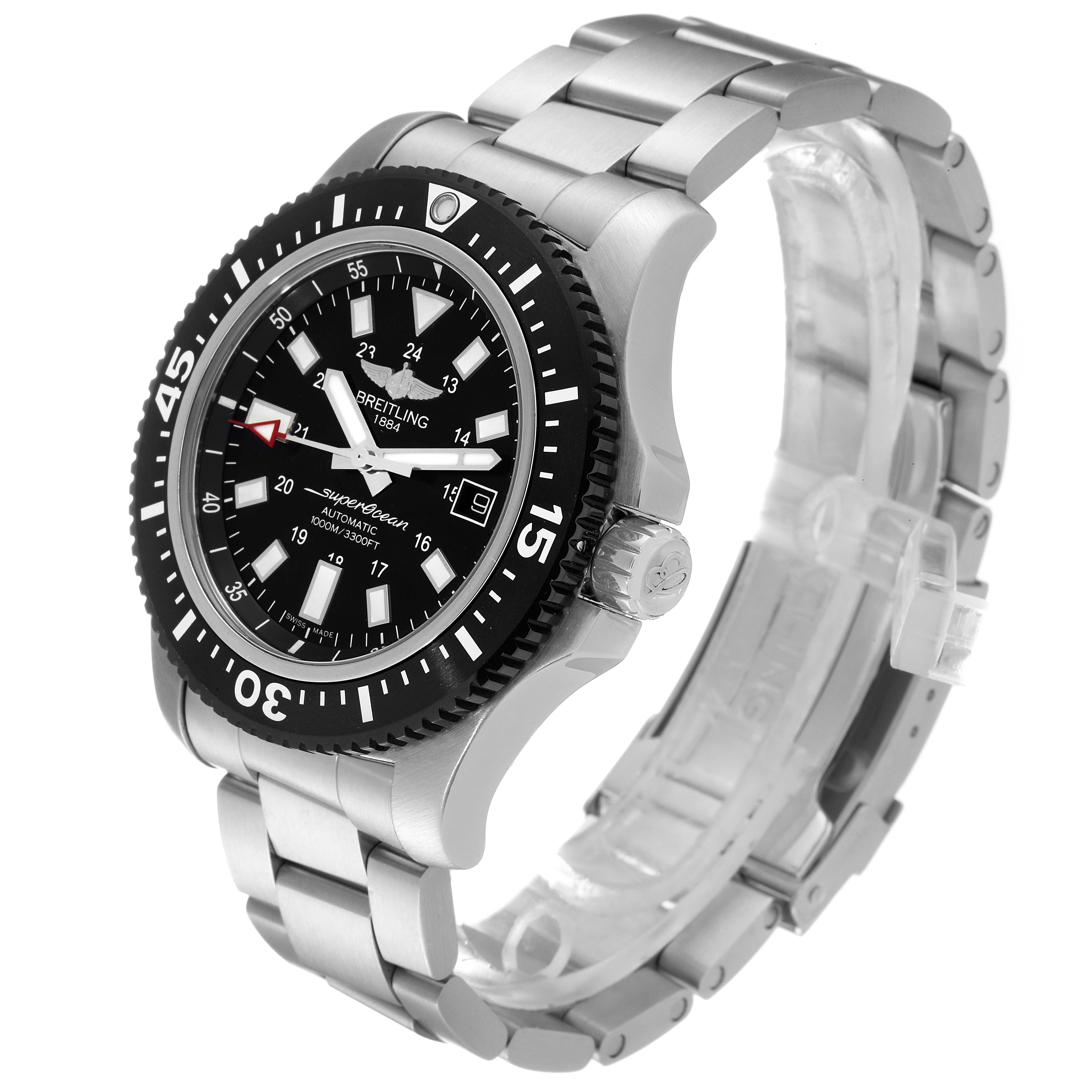 The Breitling Superocean Y17393 Men's Stainless Steel Black Dial Y17393 Men's Stainless Steel Black Dial watch is shown at a three-quarter angle, highlighting the face, bezel, and stainless steel bracelet.