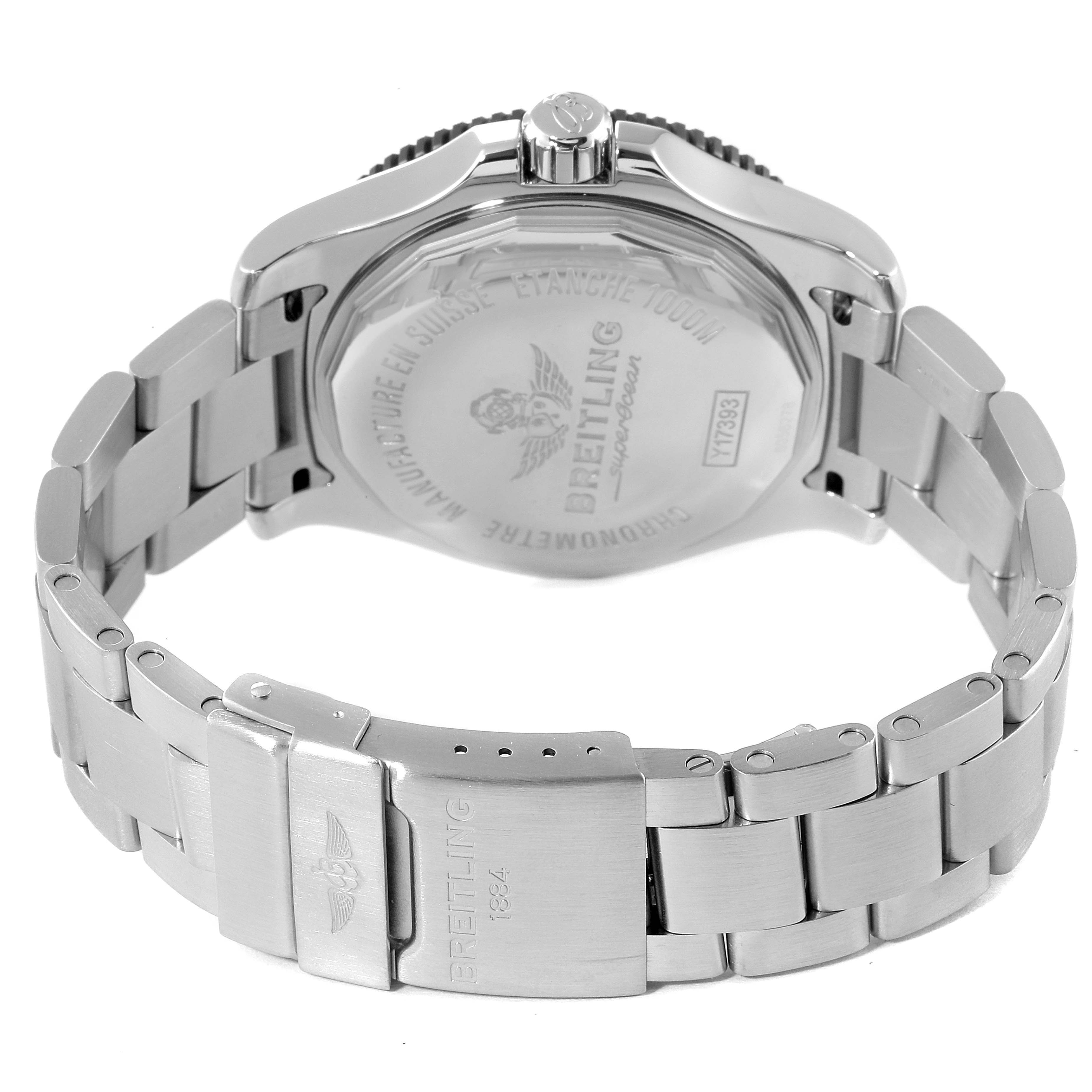 The image shows the back and bracelet of a Breitling Superocean Y17393 Men's Stainless Steel Black Dial Y17393 Men's Stainless Steel Black Dial watch at an angle, highlighting the engraved case back and clasp.