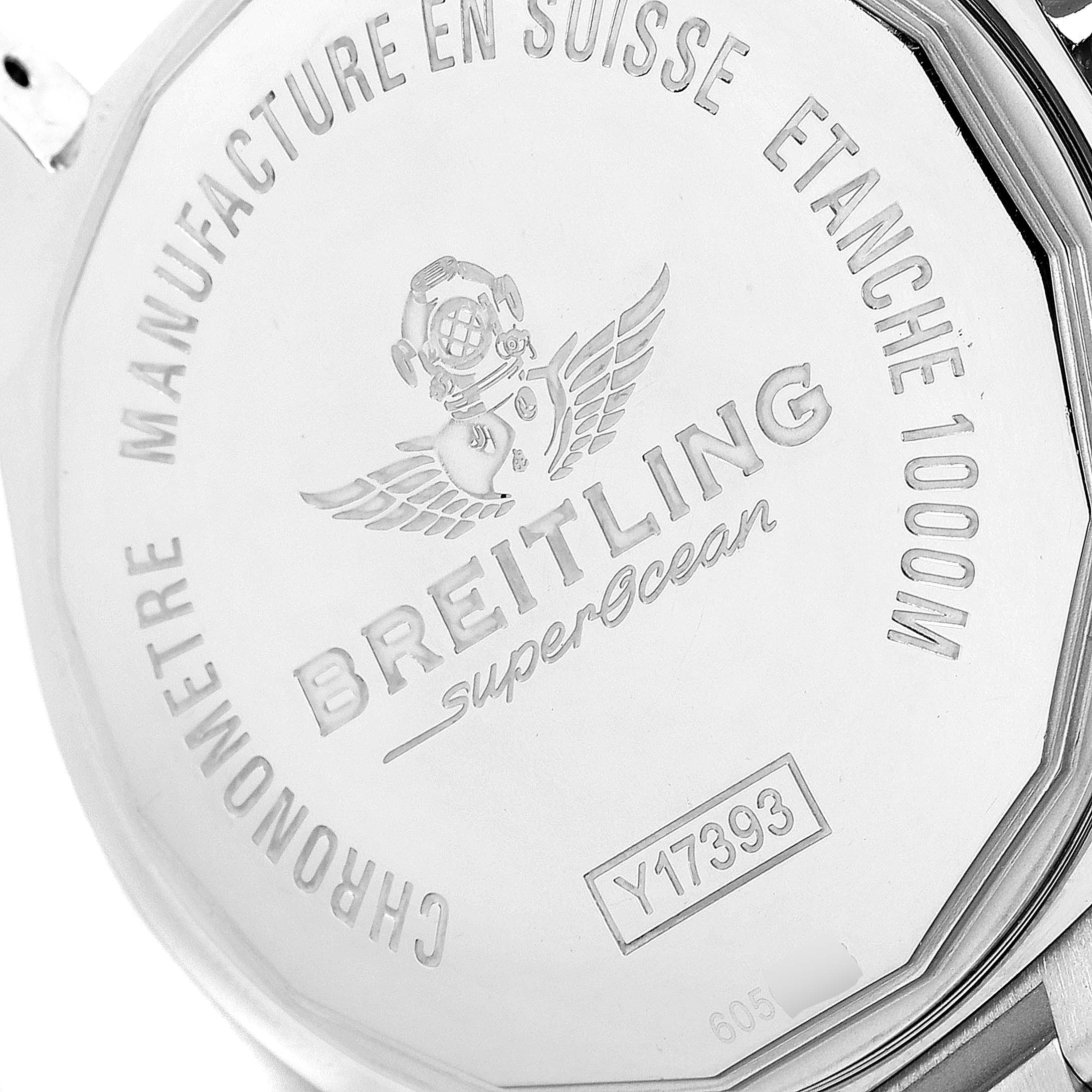 The image shows the backside of a Breitling Superocean Y17393 Men's Stainless Steel Black Dial Y17393 Men's Stainless Steel Black Dial watch, displaying its engraved details and branding.
