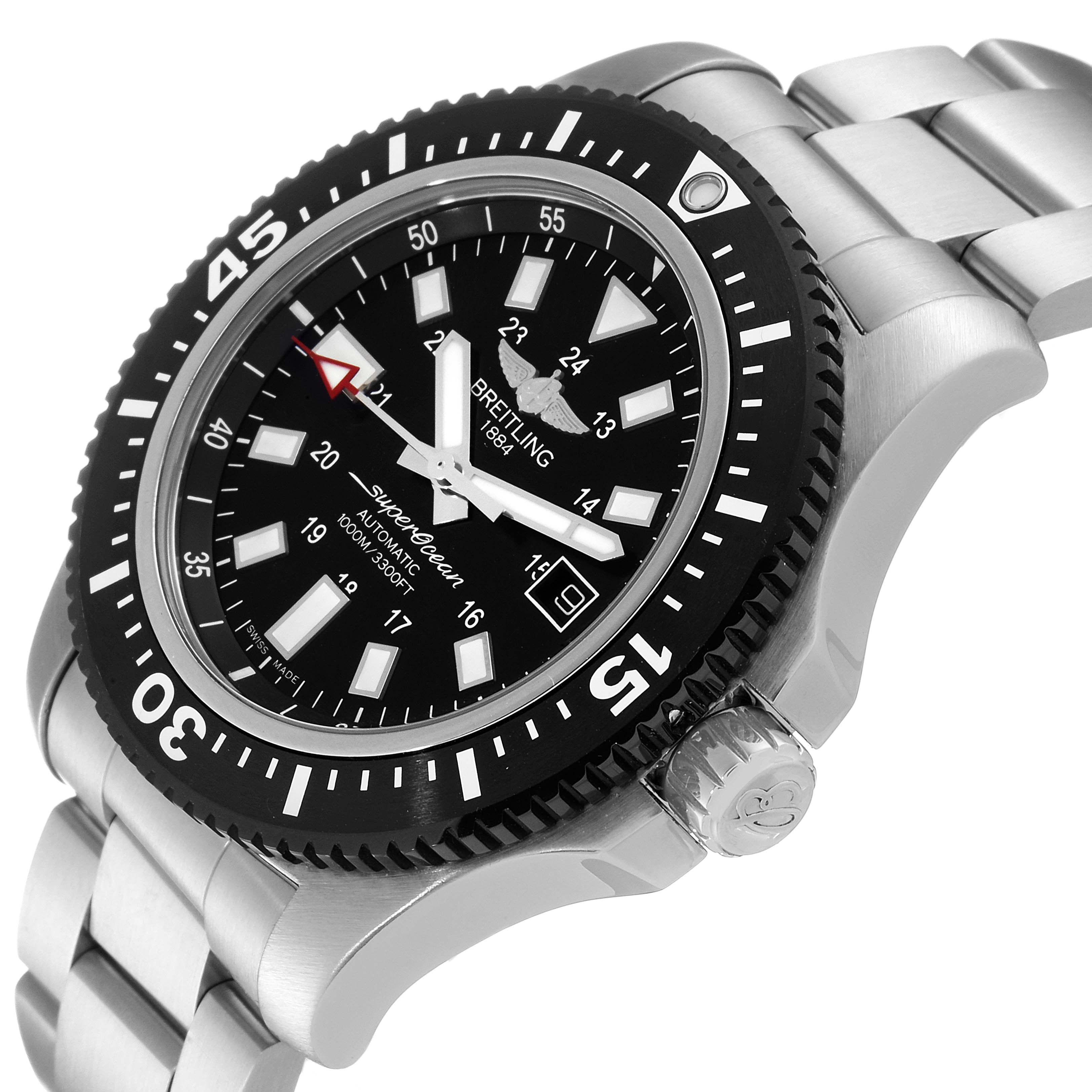 The Breitling Superocean Y17393 Men's Stainless Steel Black Dial Y17393 Men's Stainless Steel Black Dial watch is shown at an angled side view highlighting the bezel, crown, dial, and bracelet.