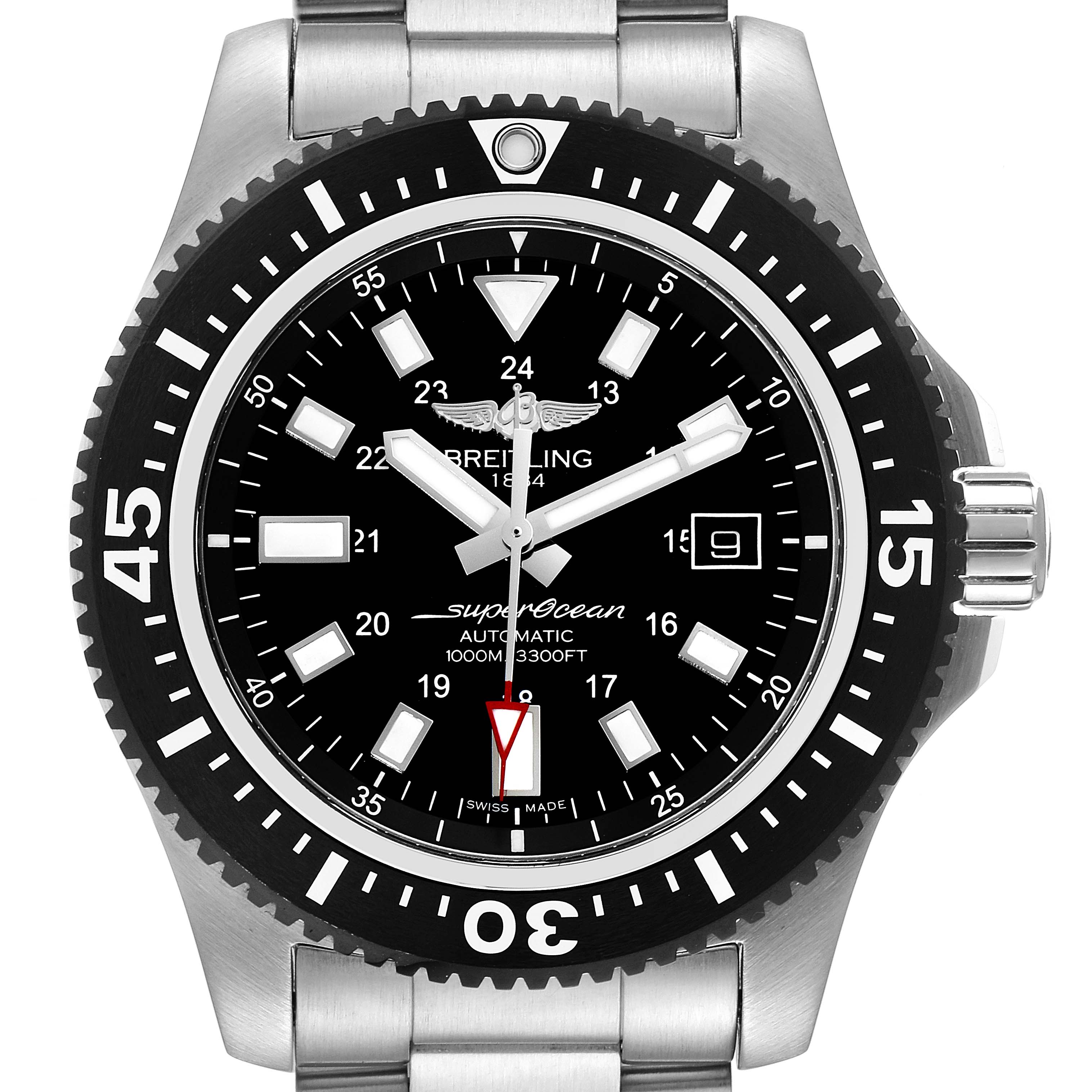 The image shows a close-up of the Breitling Superocean Y17393 Men's Stainless Steel Black Dial Y17393 Men's Stainless Steel Black Dial watch face and part of its stainless steel bracelet, viewed from the front.