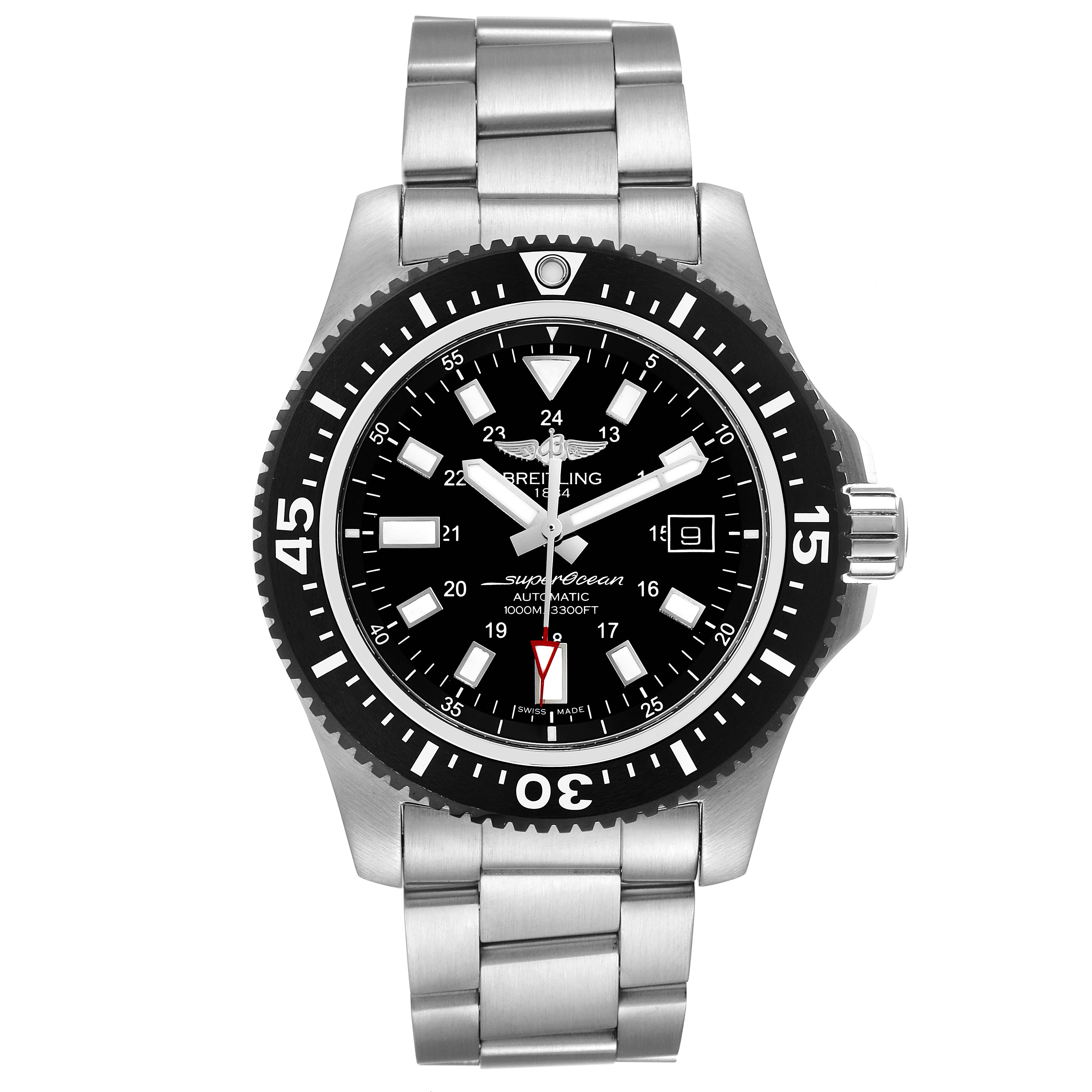 The image shows a front view of the Breitling Superocean Y17393 Men's Stainless Steel Black Dial Y17393 Men's Stainless Steel Black Dial watch with a stainless steel band and black dial.