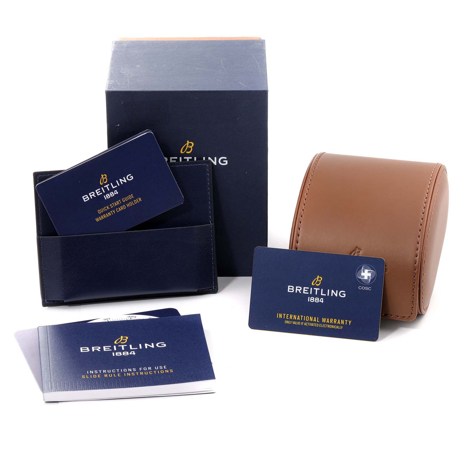 The image shows box contents, documentation, and a leather watch case for the Breitling Navitimer U13324211B1X1 Men's Steel and Gold (two tone) Black Dial U13324211B1X1 Men's Steel and Gold (two tone) Black Dial model.