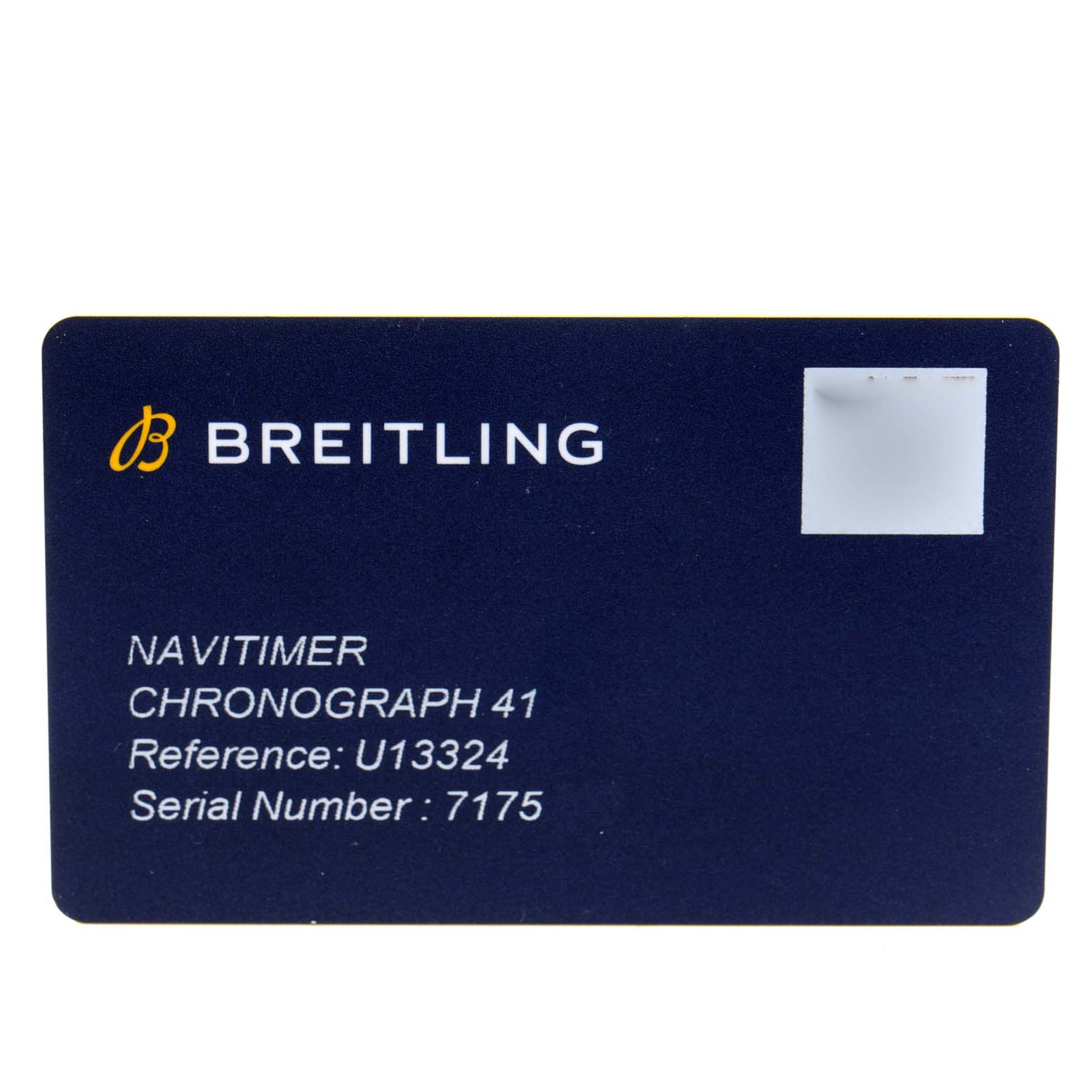 The image shows a Breitling Navitimer U13324211B1X1 Men's Steel and Gold (two tone) Black Dial U13324211B1X1 Men's Steel and Gold (two tone) Black Dial Chronograph 41 card detailing the reference number U13324 and the serial number 7175.