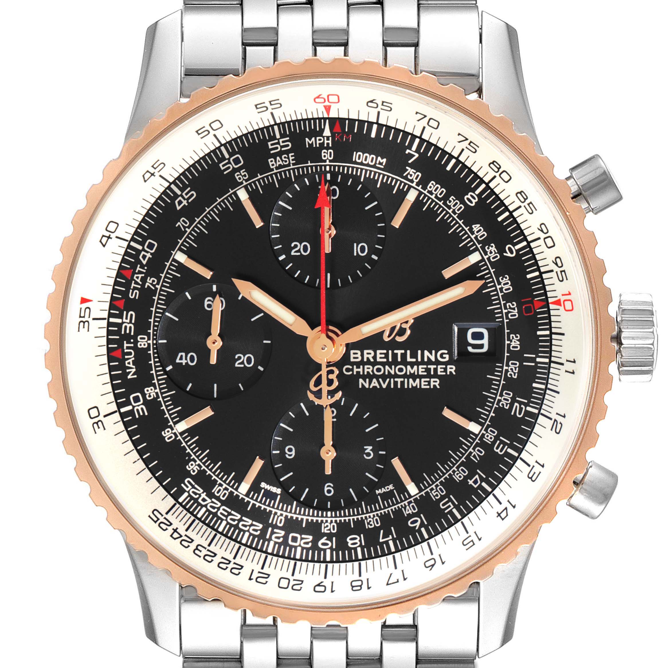 This image shows a front view of the Breitling Navitimer U13324211B1X1 Men's Steel and Gold (two tone) Black Dial U13324211B1X1 Men's Steel and Gold (two tone) Black Dial watch, displaying its face, bezel, and part of the stainless steel bracelet.